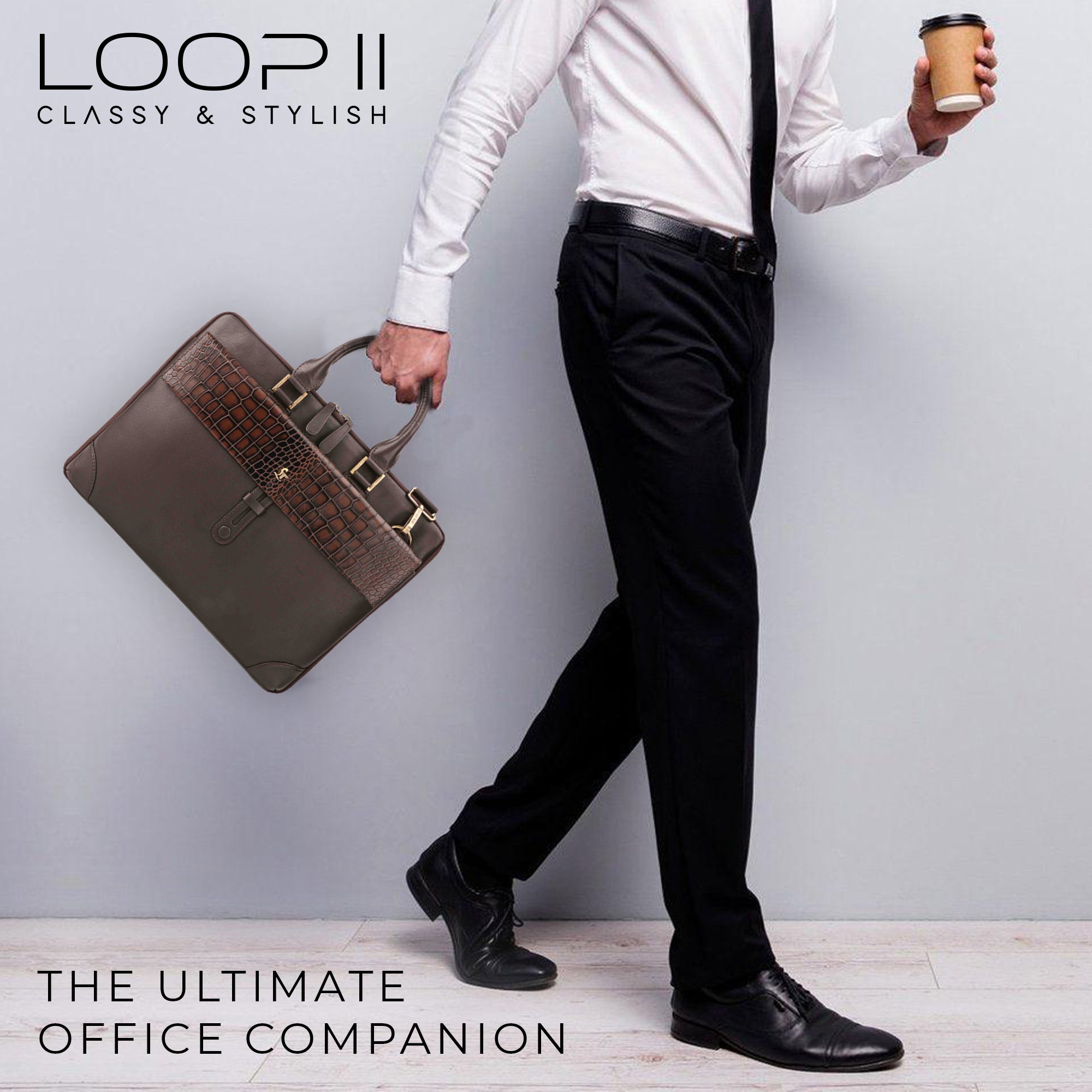 Loop II Pure Leather Laptop Bag for Men | Folio Bag | Deep cut Croco Embossed Genuine Leather | Office Bag | Brown & Black Leather Talks