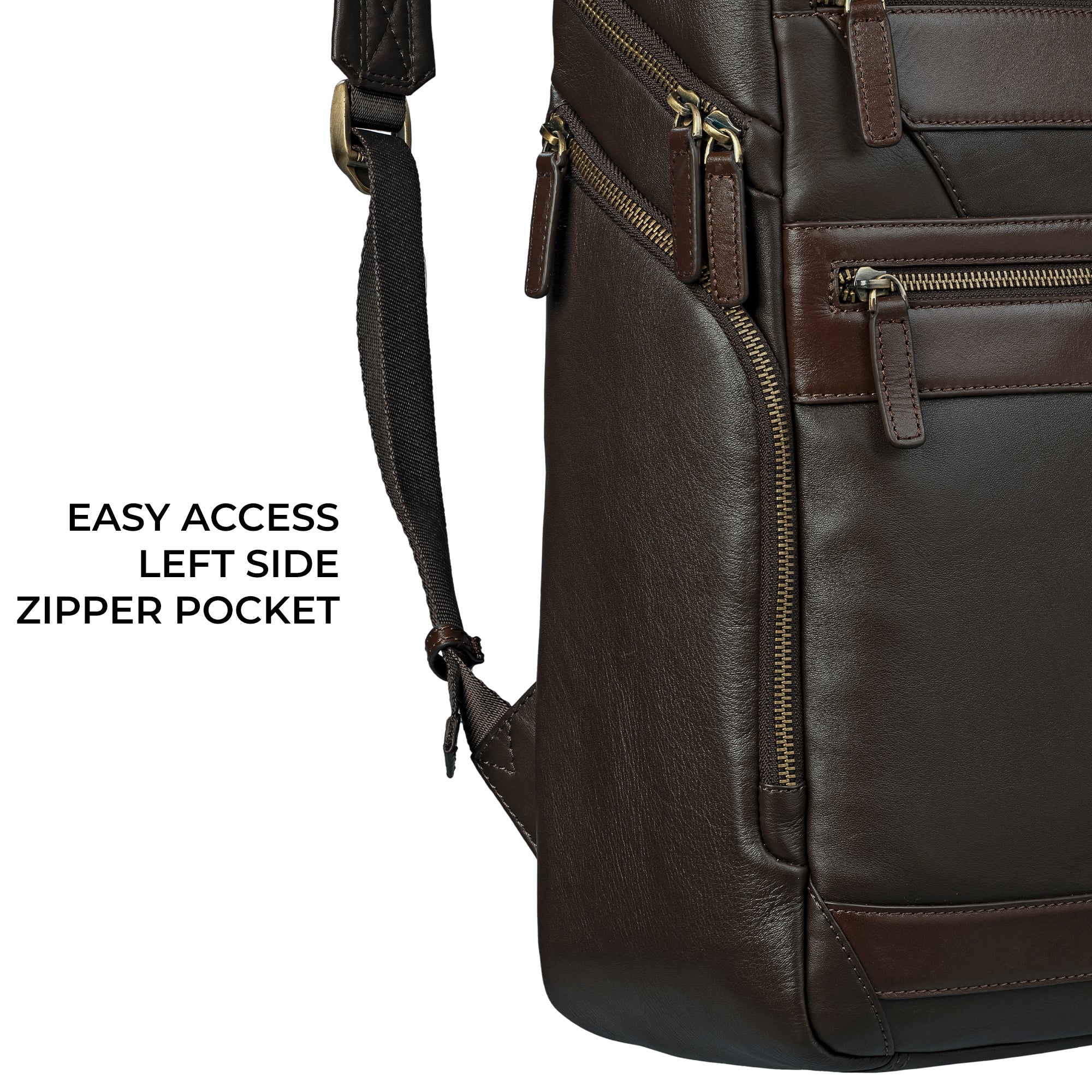 Easy-access left side zipper pocket on a genuine leather backpack for men, providing quick and convenient storage for essentials.