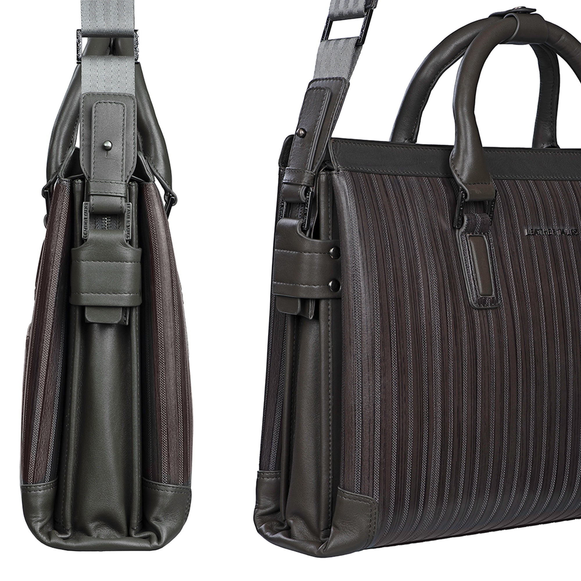 Side and angled front view of a dark grey and brown striped leather folio bag with sturdy handles, gunmetal hardware, and crossbody strap attachment.