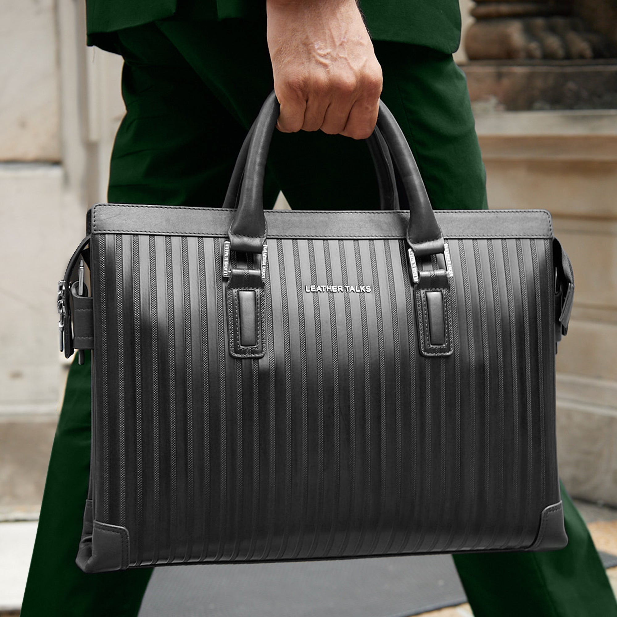 Italian VT Stripe Edgar | Leather Laptop Bag for Men | Color: Grey Leather Talks