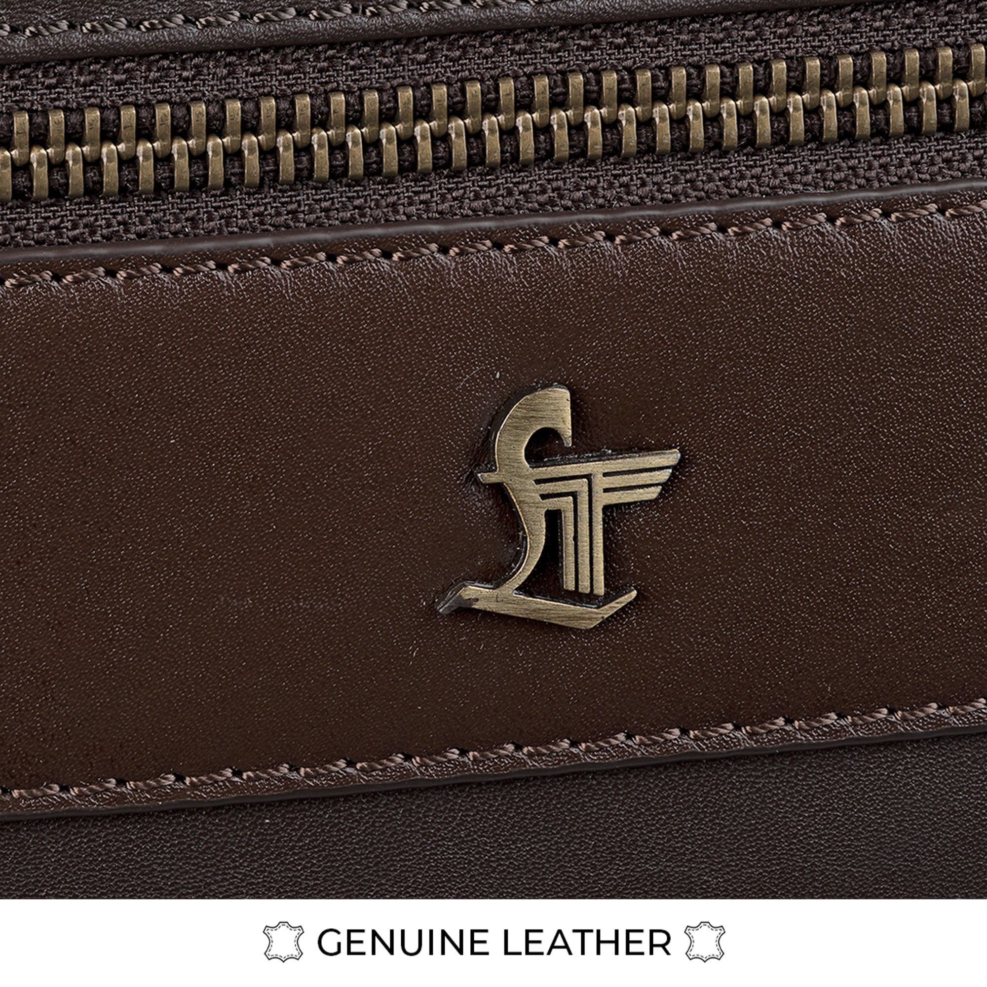 Close-up of premium luxury genuine leather on a men's backpack, showcasing its rich texture and high-quality craftsmanship.