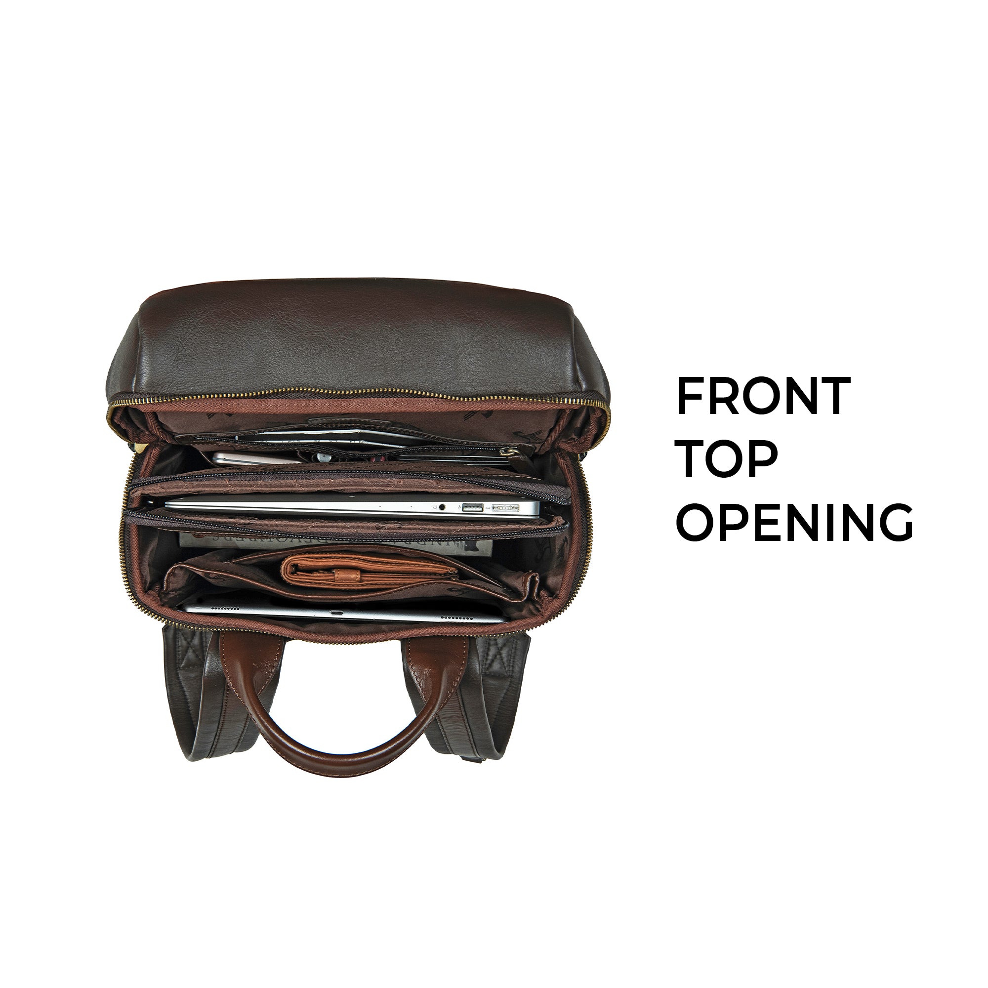 Spacious interior of a genuine leather backpack for men, offering ample room for organizing office essentials, laptop, and accessories.