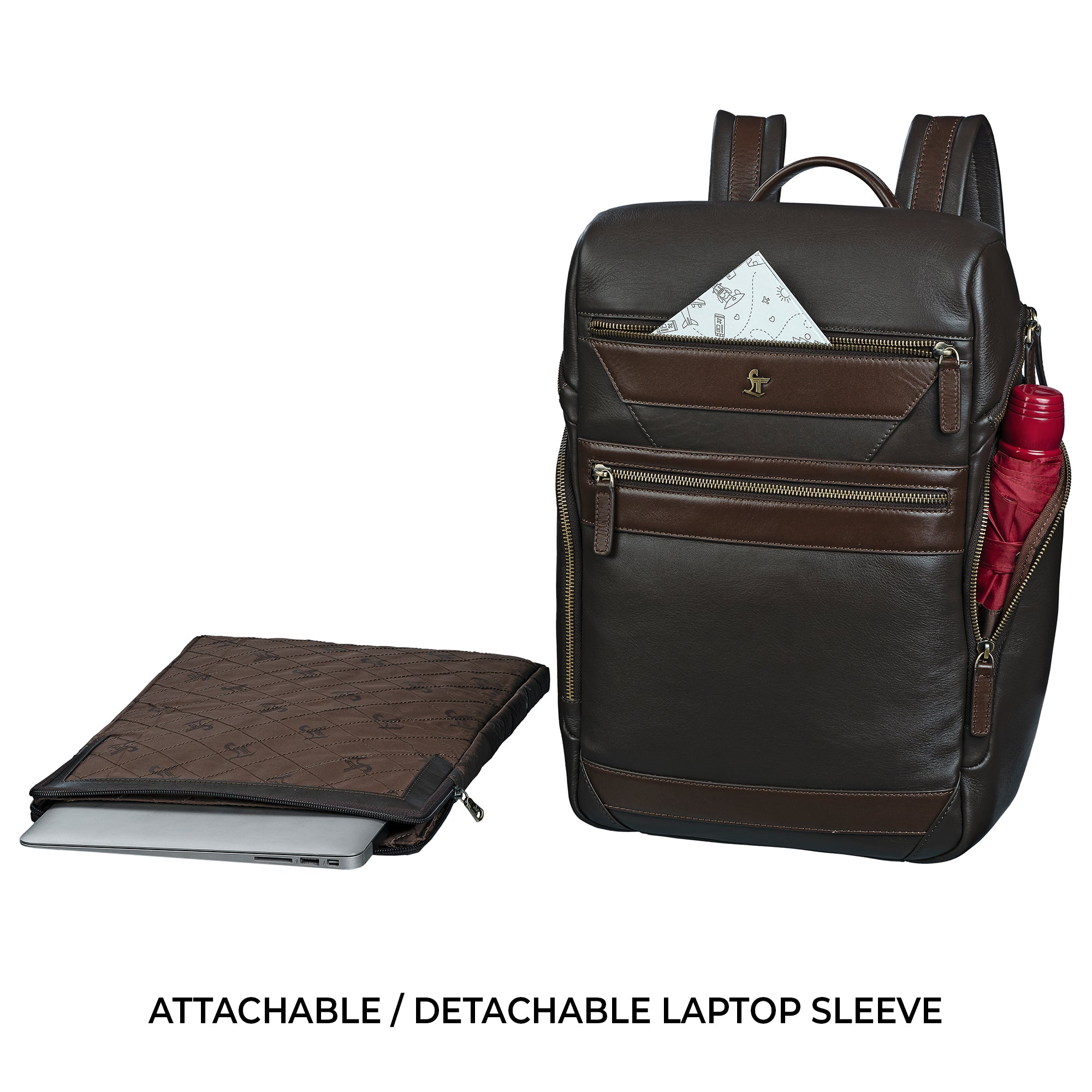 Attachable and detachable laptop sleeve inside a genuine leather backpack for men, providing secure and customizable storage for laptops.