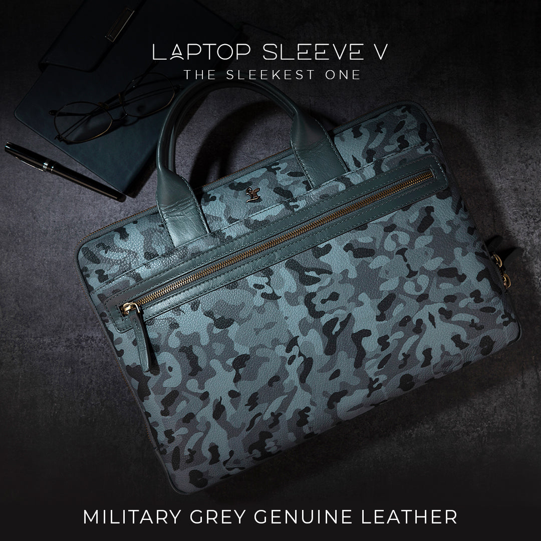 Laptop Sleeve V | Leather Laptop Sleeve | Lifetime Service Warranty | 100% Genuine Leather | Color: Grey