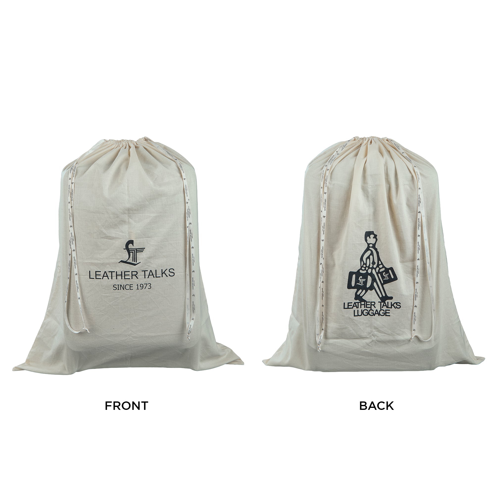 Front and back view of Leather Talks branded drawstring dust bags in white cotton fabric with printed logos – one with “Since 1973” and the other with the signature luggage character.