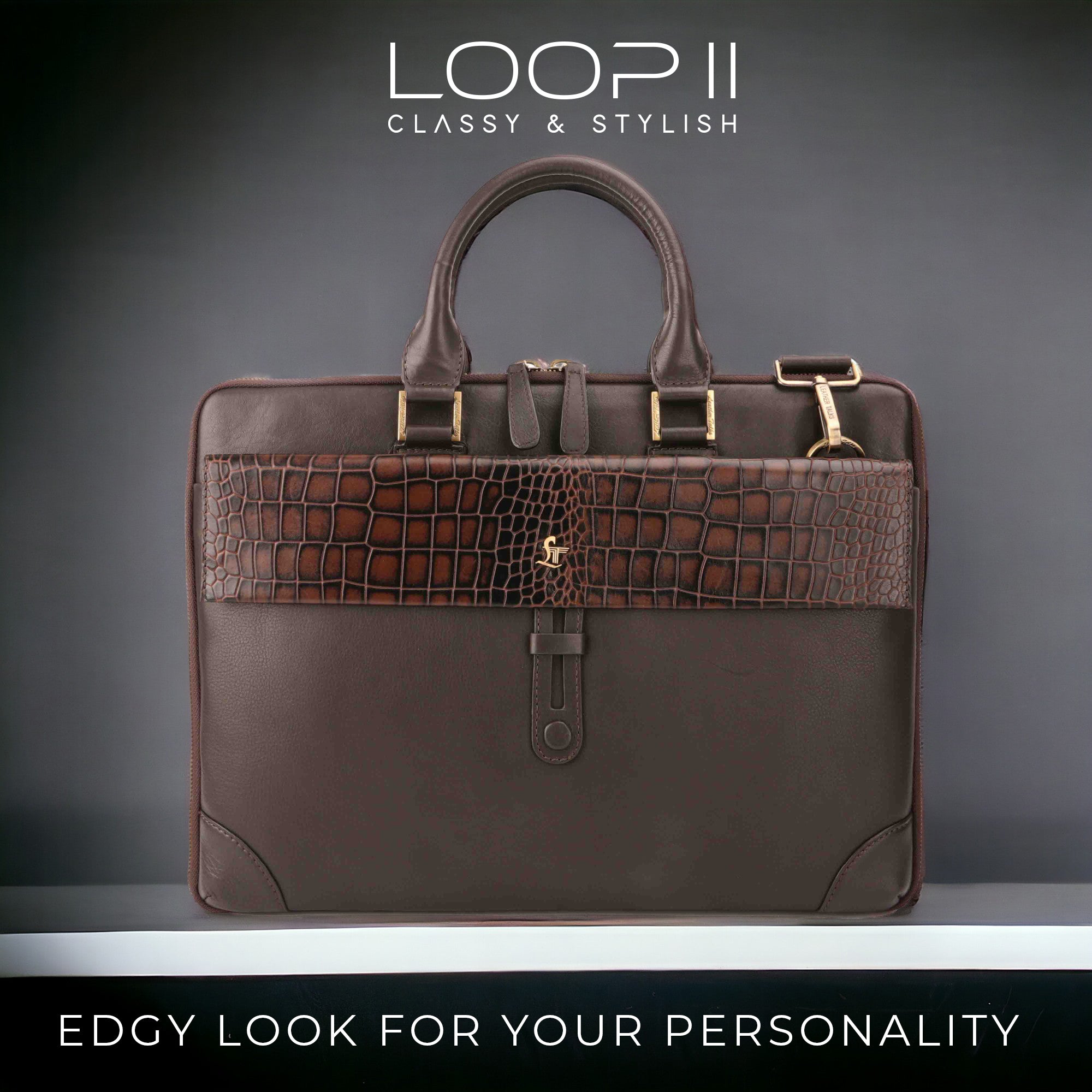 Loop II Pure Leather Laptop Bag for Men | Folio Bag | Deep cut Croco Embossed Genuine Leather | Office Bag | Brown & Black Leather Talks