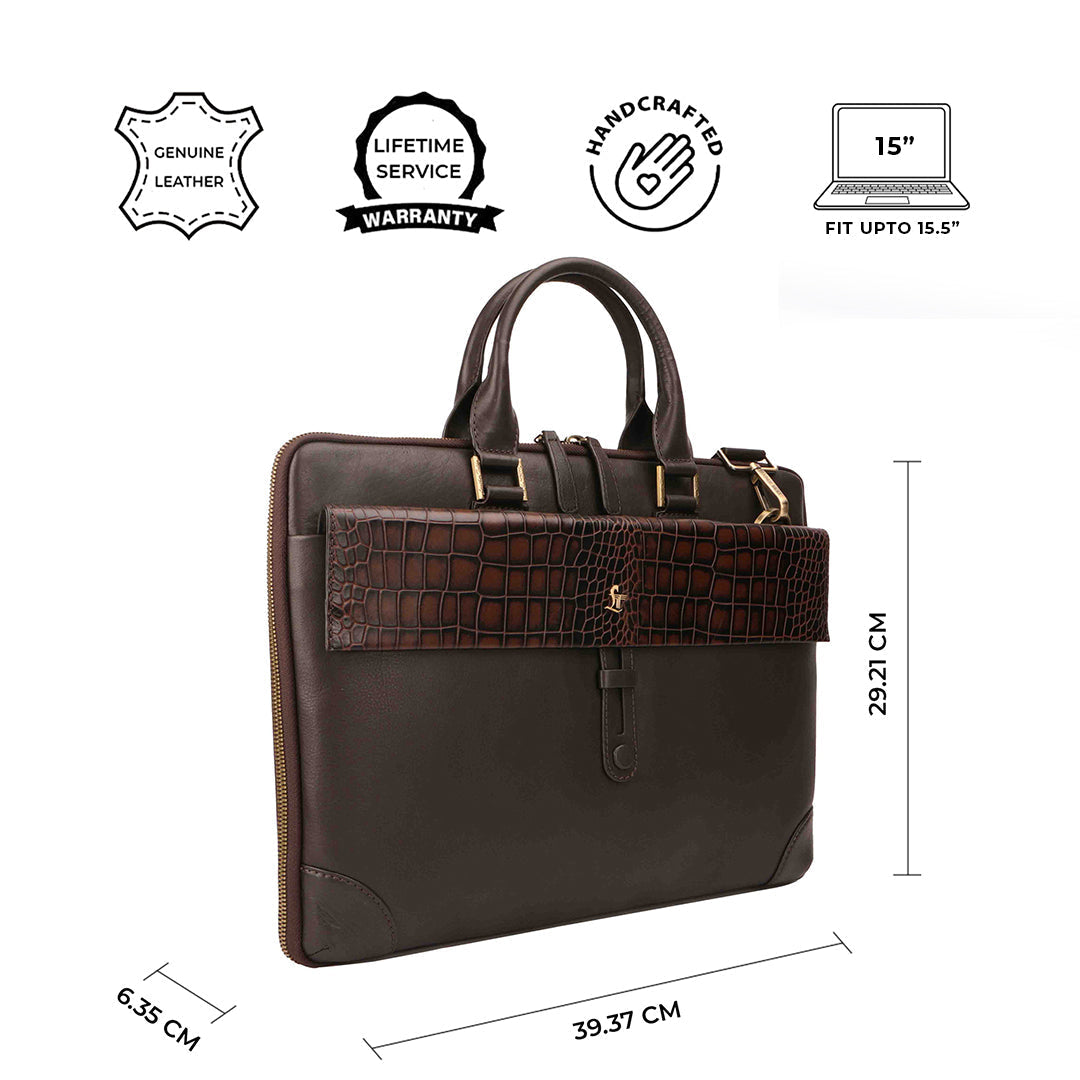 Loop II Pure Leather Laptop Bag for Men | Folio Bag | Deep cut Croco Embossed Genuine Leather | Office Bag | Brown & Black Leather Talks
