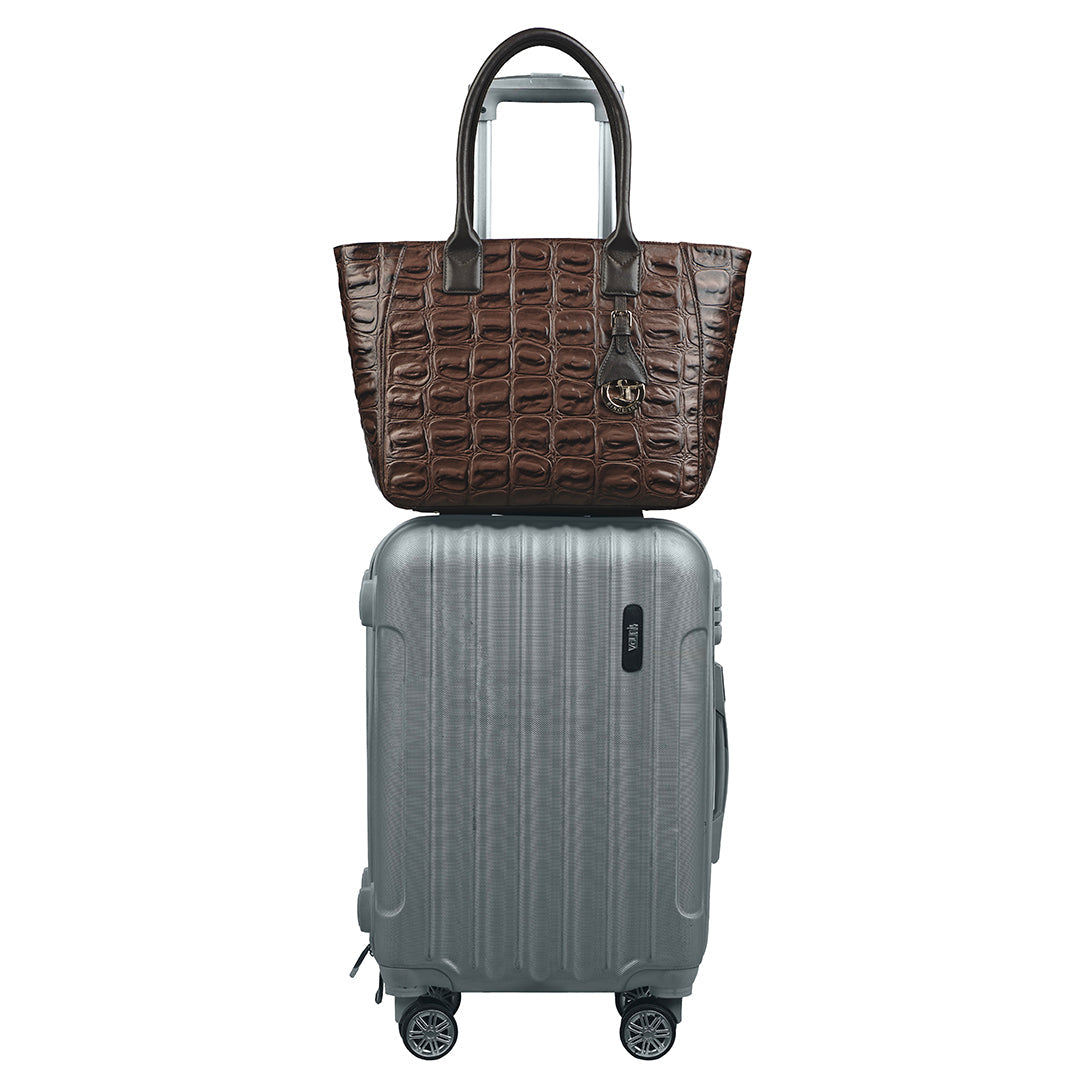 Elvis Tote | Leather Tote Bag For Women | Croco Embossed Genuine Leather | With Trolley Strap | Color: Brown, Black, Blue, Green Leather Talks