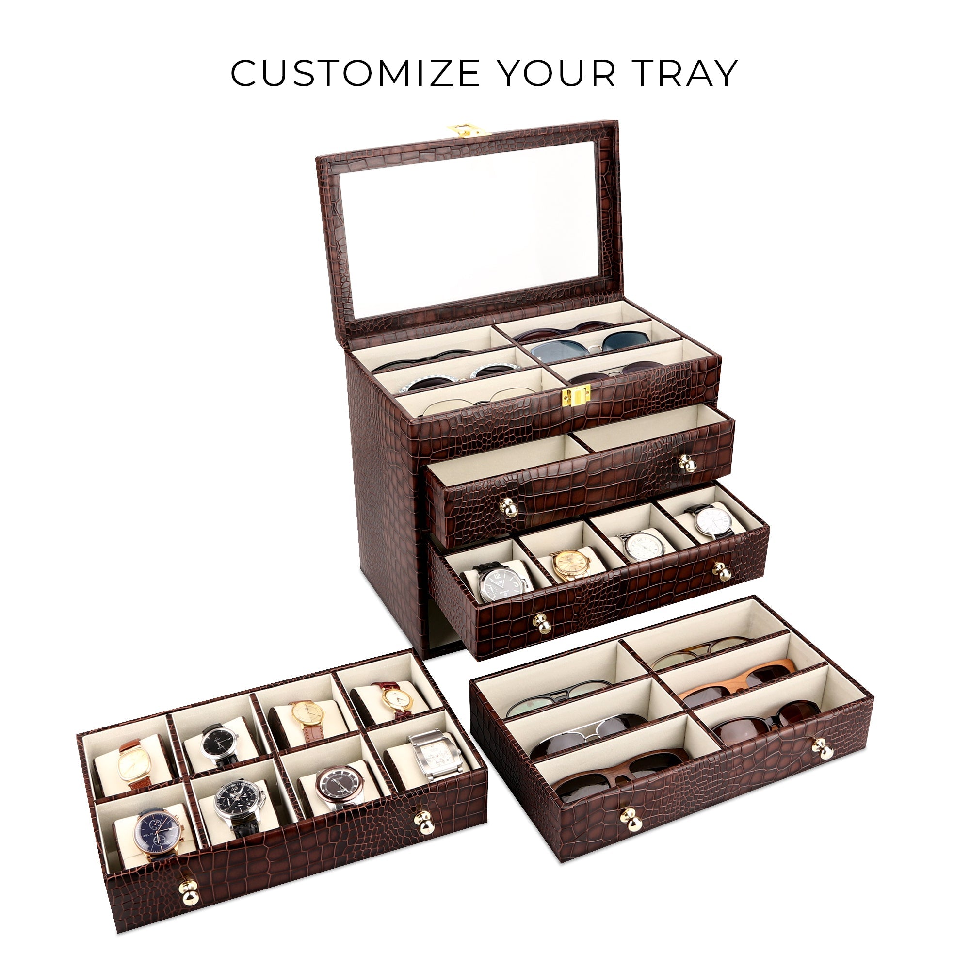 NOAH Sunglass Cum Watch Box | Watch Box | Sunglass Box | 100% Genuine Leather Wrist Watch Case| Hold 24 Slot Watch Box | 6 Slot Sunglasses | Customize your tray | Luxury Watch Case with Display Sunglasses | Color: Blue, Green & Brown Leather Talks