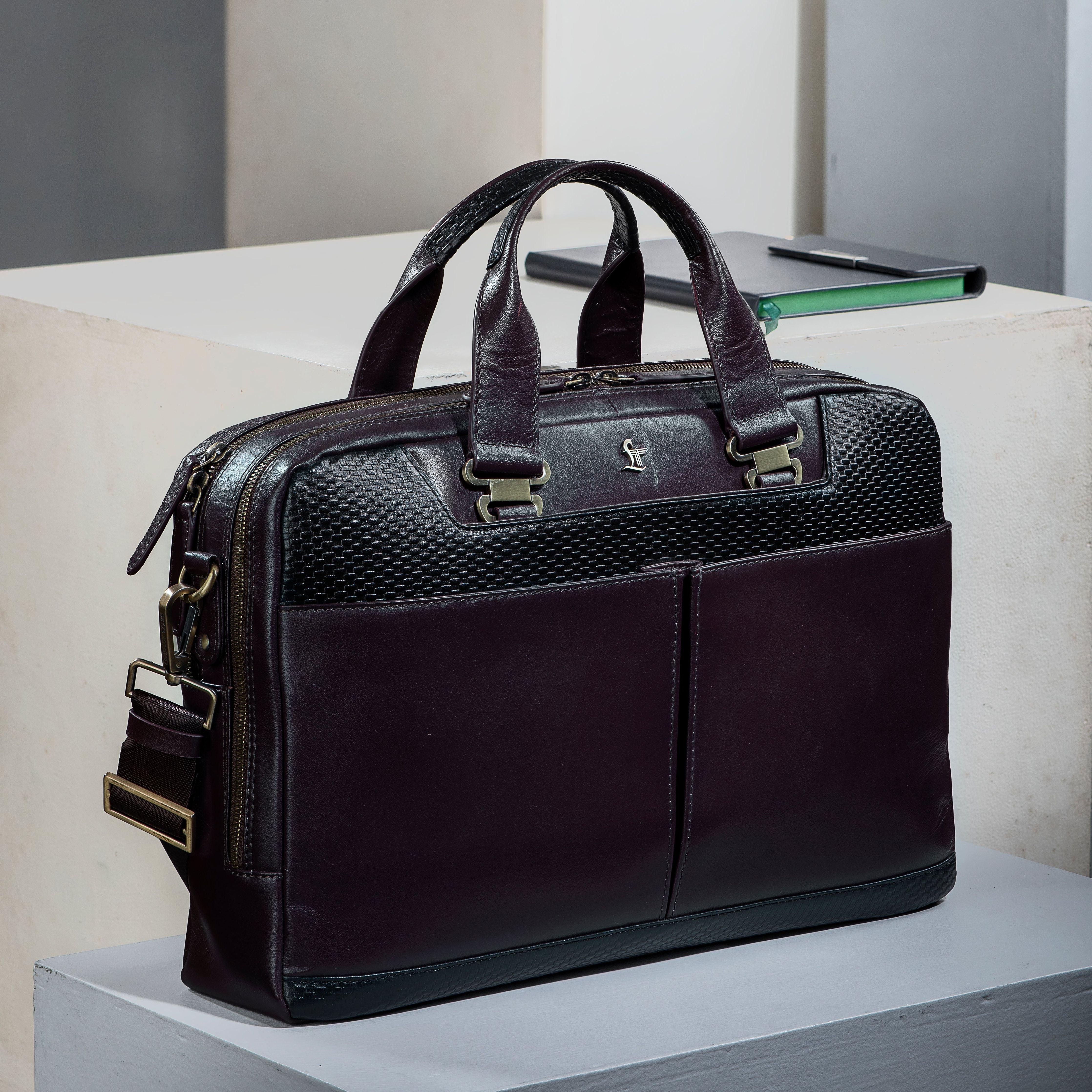 Fortune Series | Leather Portfolio Bag for Men | Double Zipper Laptop Bag | 100% Genuine Leather | Color: Brown