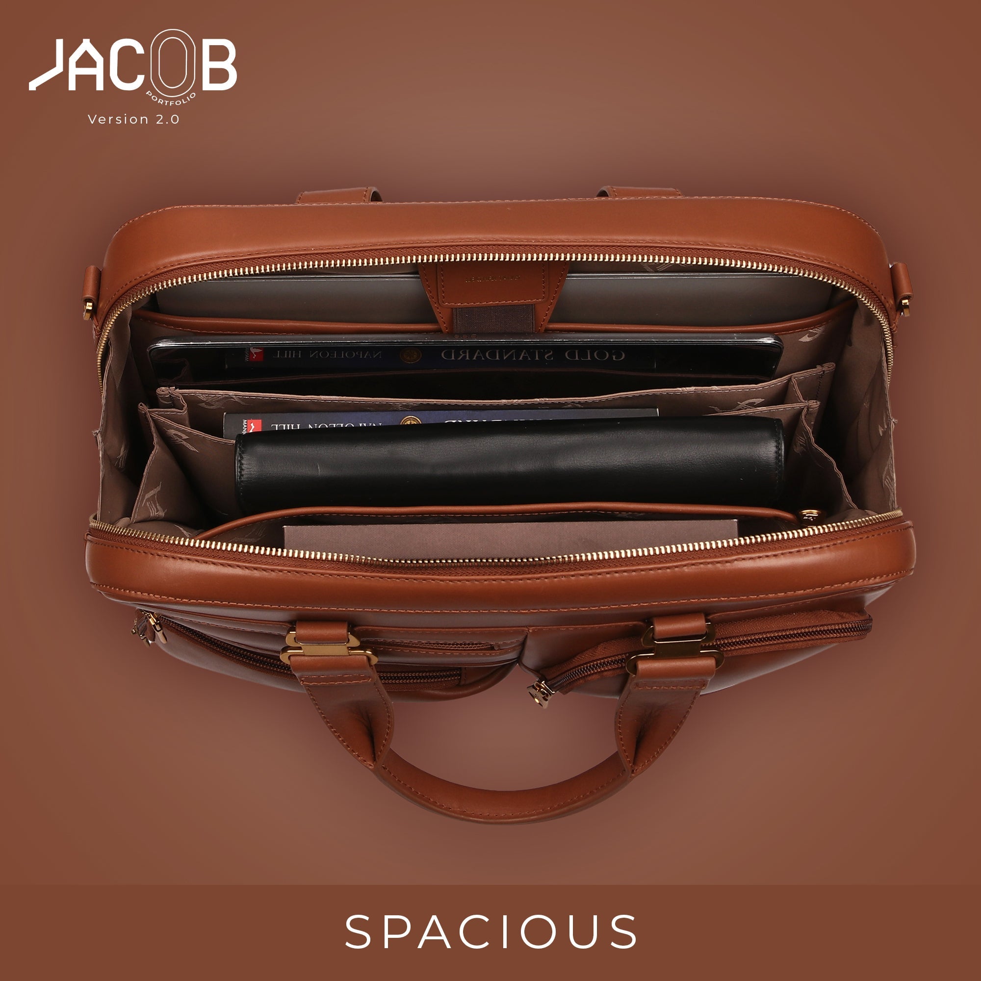 Jacob V 2.0 | Luxury Leather Laptop Bag | For Office Use | Colour: Tan | Detachable Shoulder Strap | Trolley Strap Included