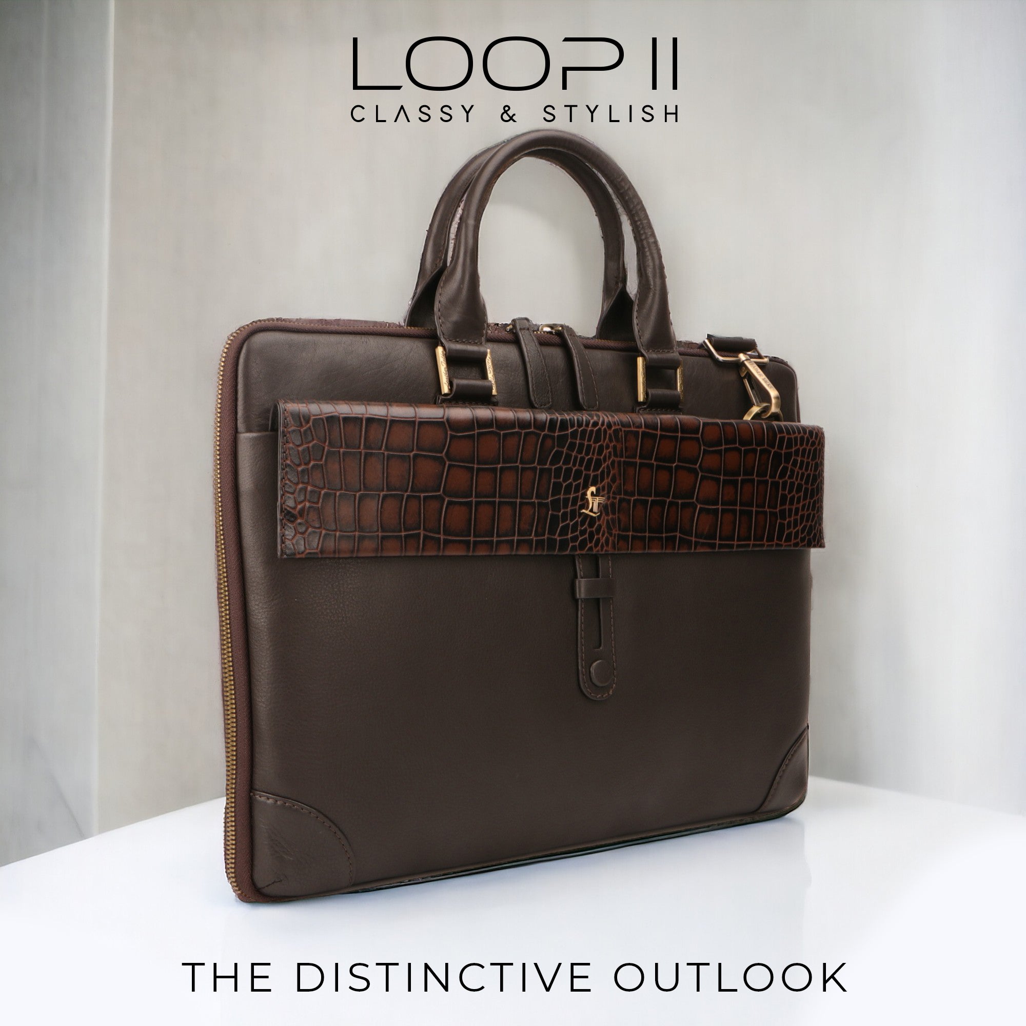 Loop II Pure Leather Laptop Bag for Men | Folio Bag | Deep cut Croco Embossed Genuine Leather | Office Bag | Brown & Black Leather Talks