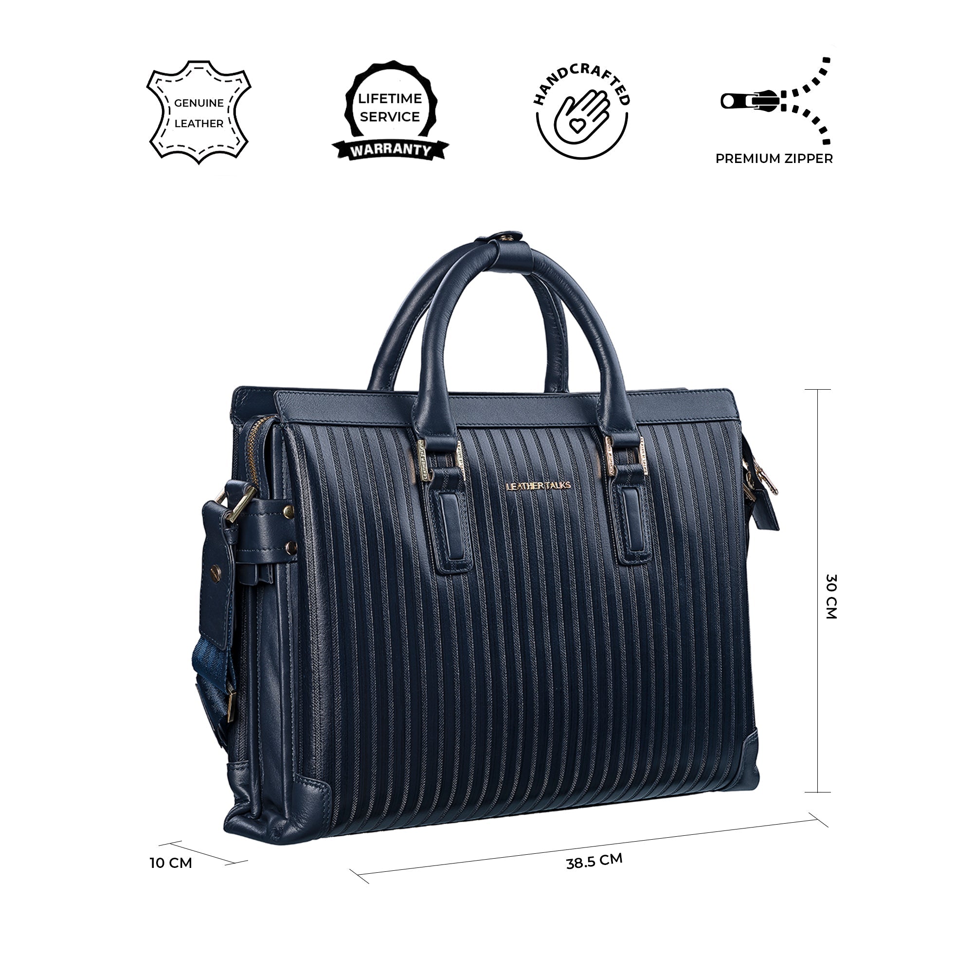 Ready to Ship Luxury Corporate Gift | Italian VT Stripe Edgar | Leather Laptop Bag for Men | Color: Navy Blue Leather Talks