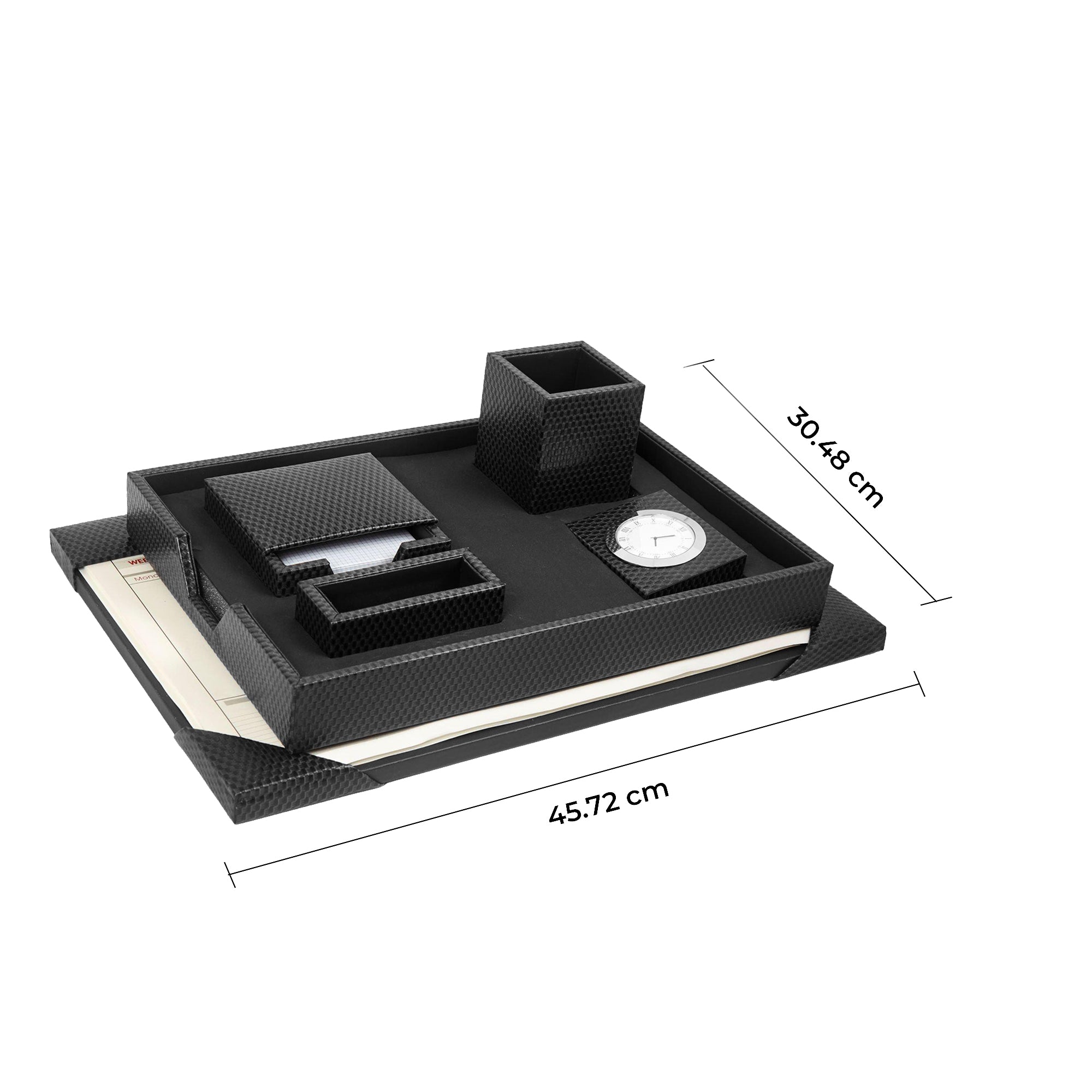 Desktop Planner Set II | Office Table Accessories | Embossed Genuine Leather | Color- Brick Black Leather Talks