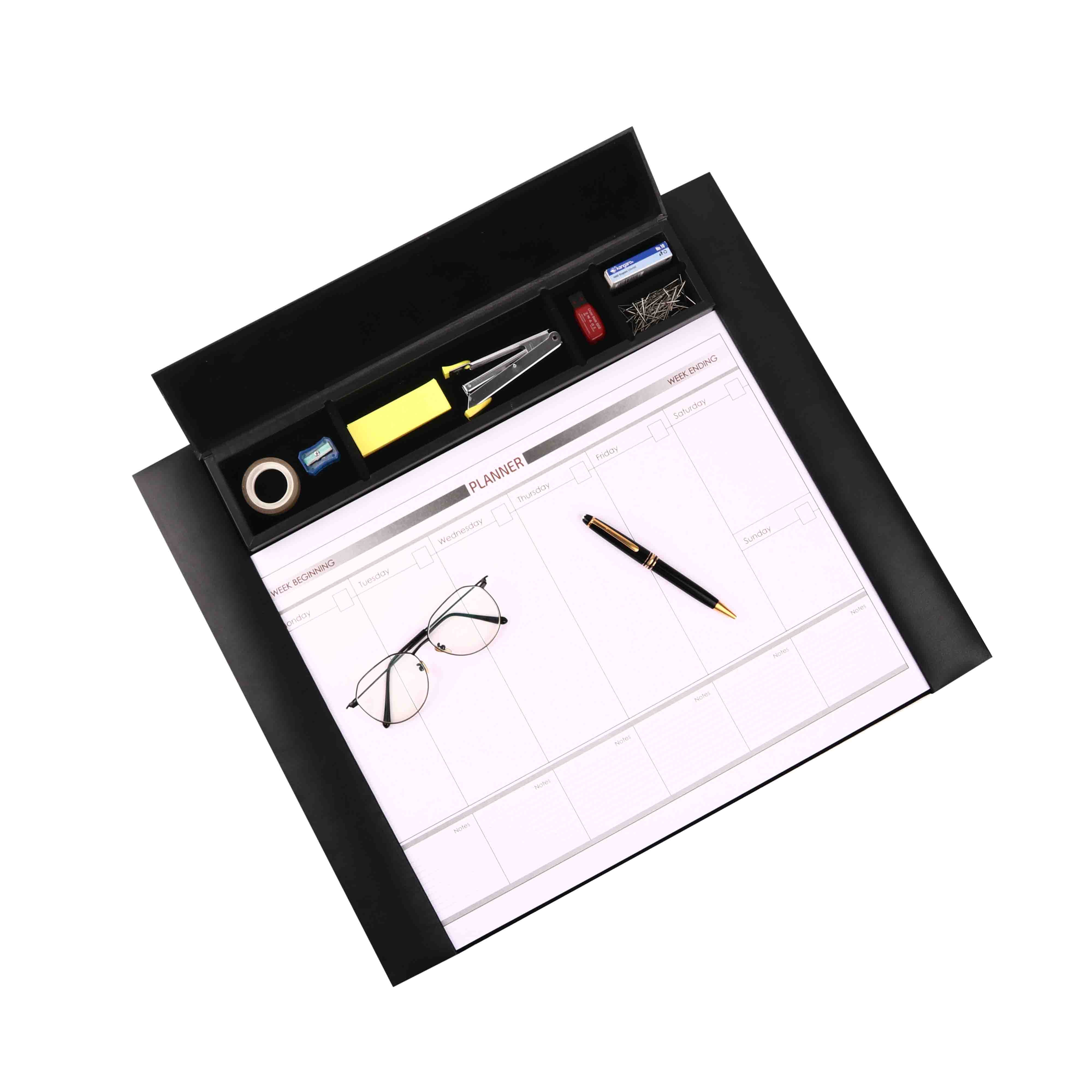 Wood Leather Desktop Planner | Color- Black