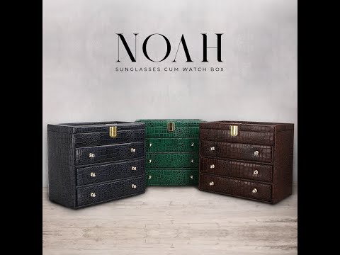 NOAH | Watch & Sunglass Organizer Box | 100% Premium Leather | Can Hold 6 Sunglasses & 8 Watches | Color: Blue, Green & Brown
