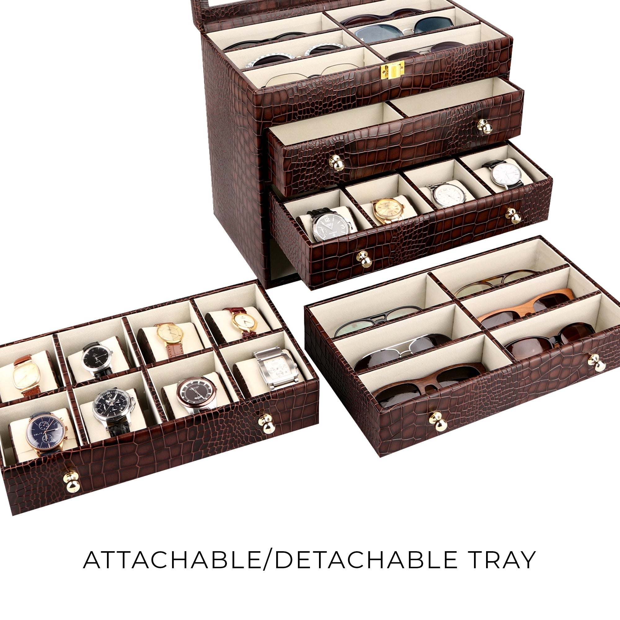 NOAH Sunglass Cum Watch Box | Watch Box | Sunglass Box | 100% Genuine Leather Wrist Watch Case| Hold 24 Slot Watch Box | 6 Slot Sunglasses | Customize your tray | Luxury Watch Case with Display Sunglasses | Color: Blue, Green & Brown Leather Talks