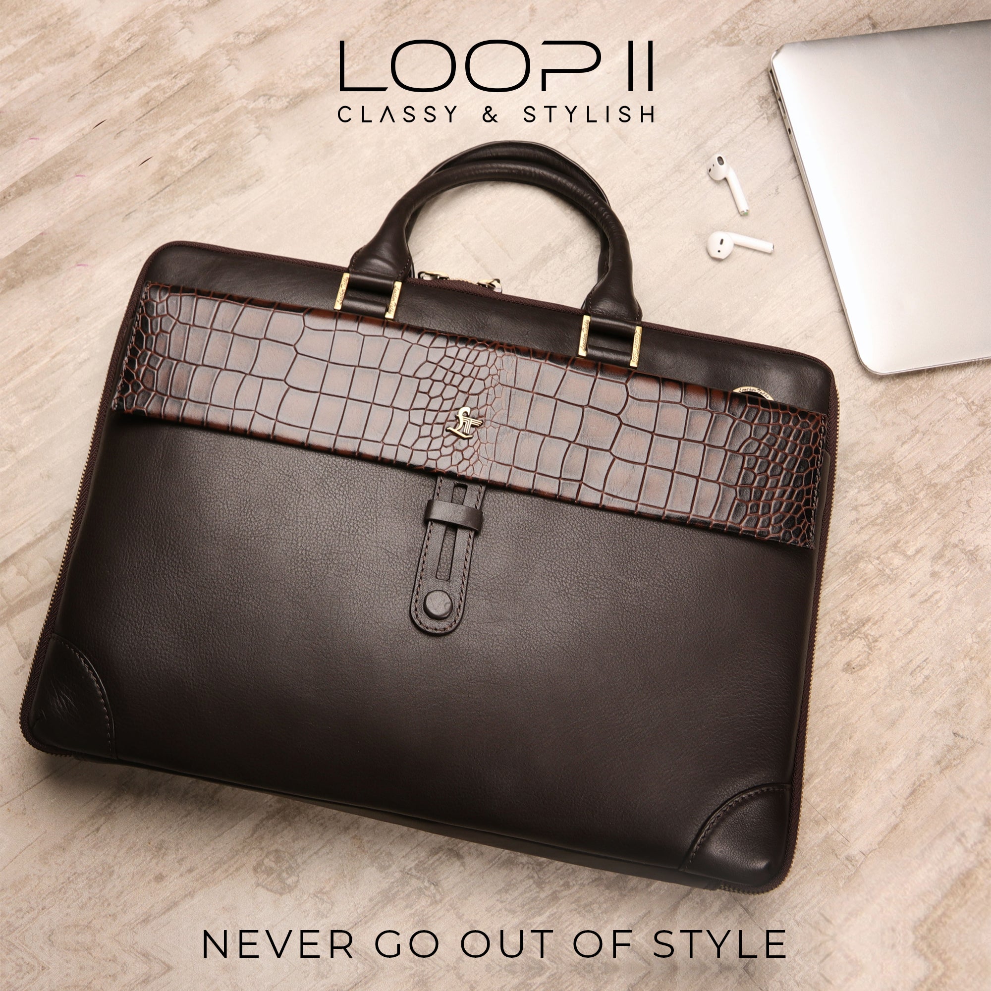 Loop II Pure Leather Laptop Bag for Men | Folio Bag | Deep cut Croco Embossed Genuine Leather | Office Bag | Brown & Black Leather Talks