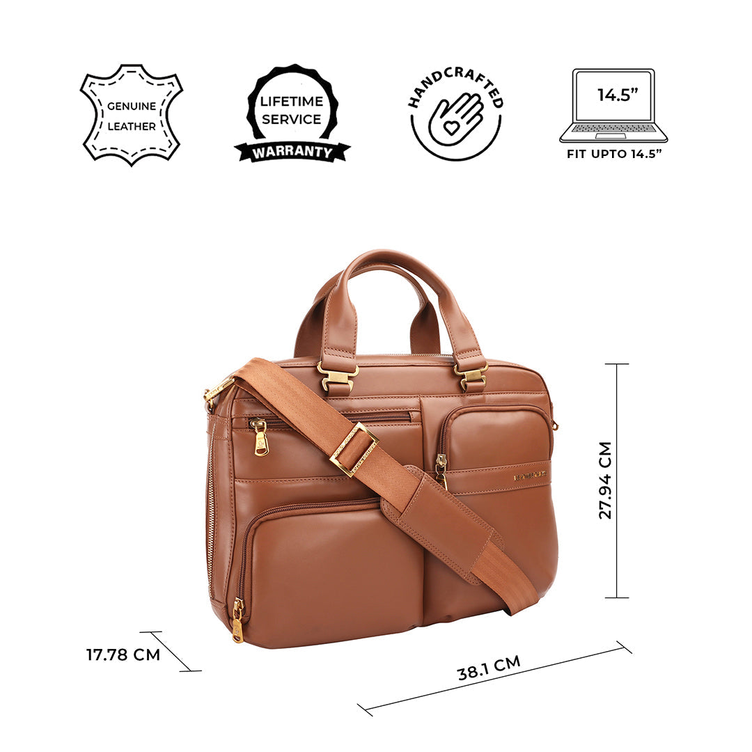 Jacob V 2.0 | Luxury Leather Laptop Bag | For Office Use | Colour: Tan | Detachable Shoulder Strap | Trolley Strap Included