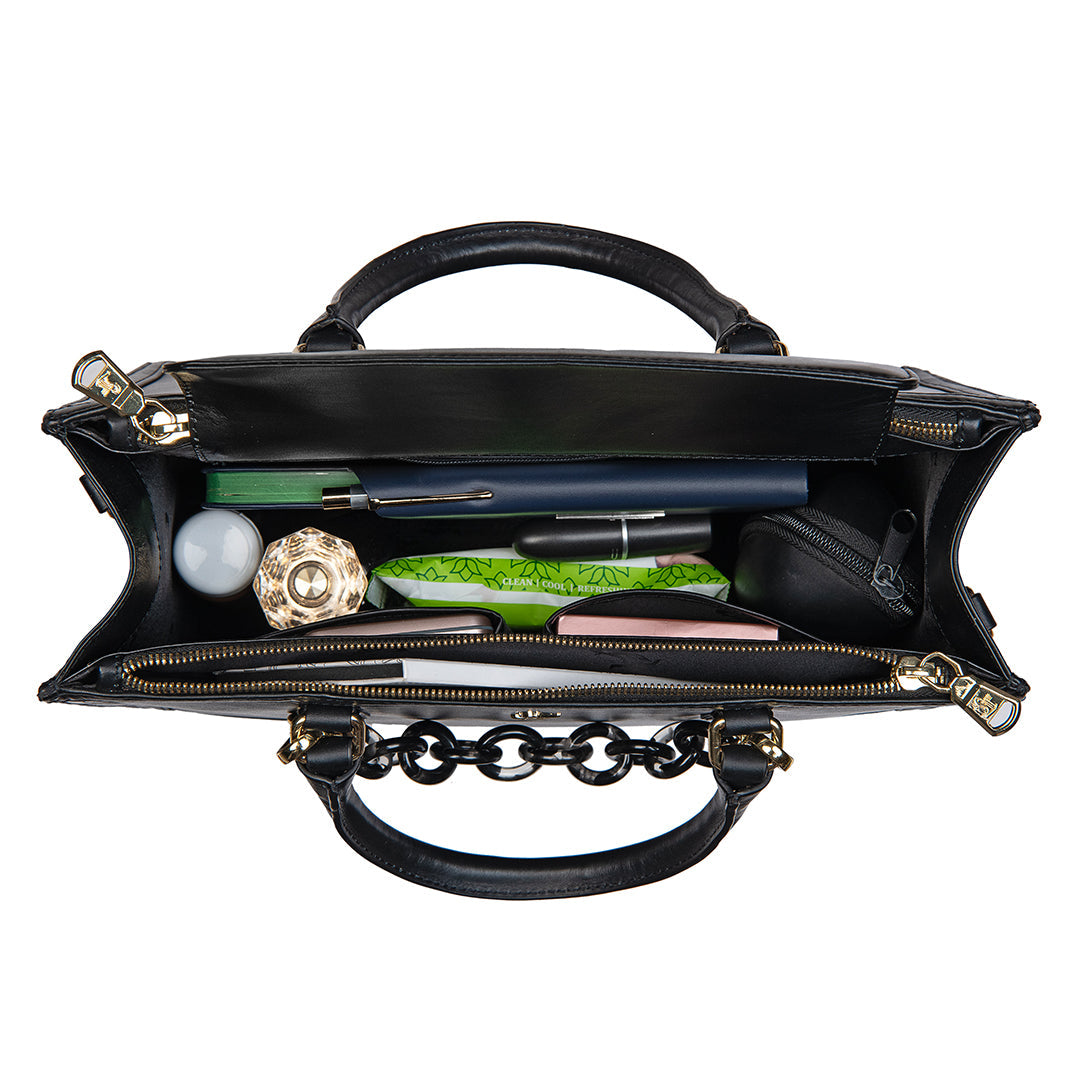 Window Senior Ladies Hand Bag For Women | 100% Genuine Leather | Color - Black