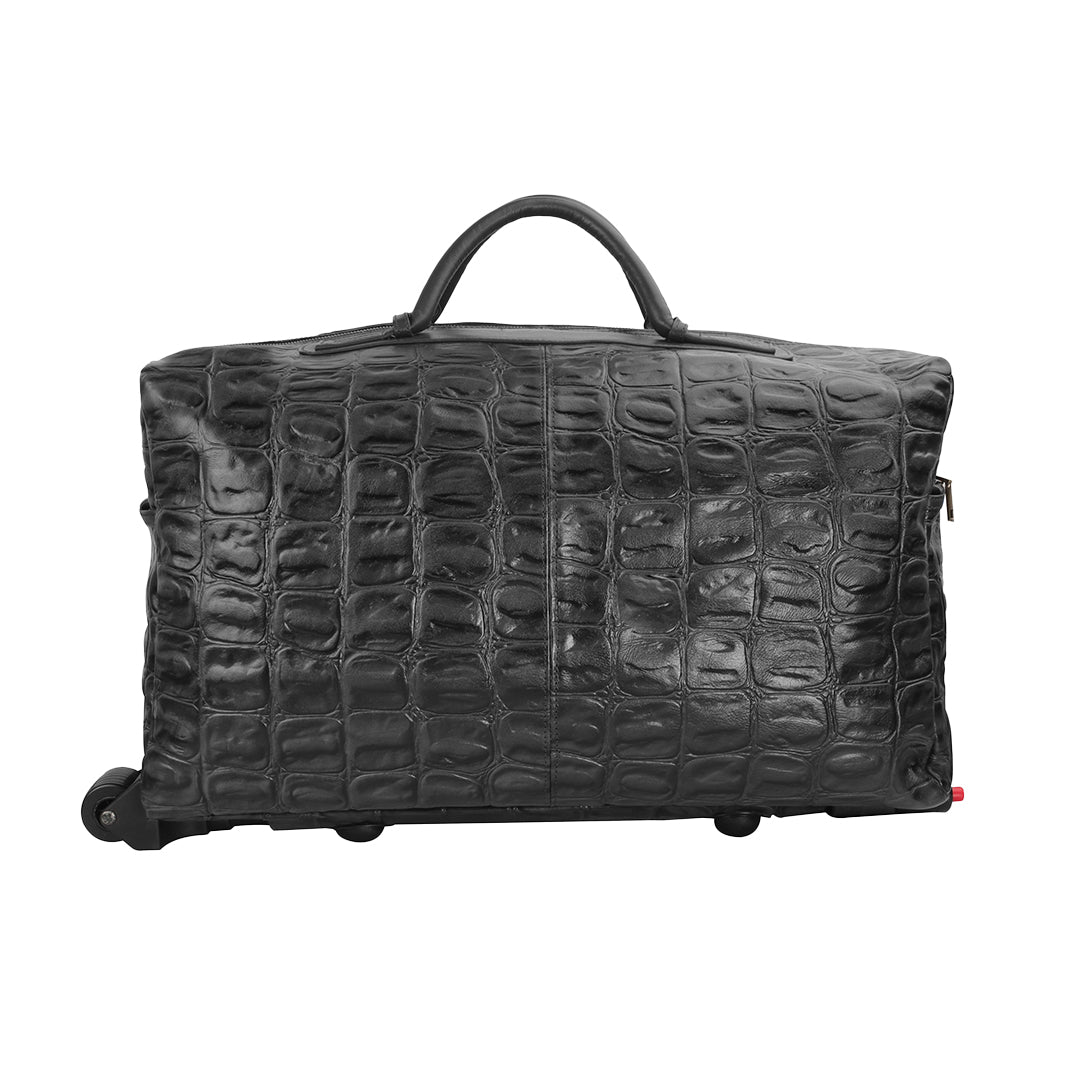 Croco Tail Print Genuine Leather Black Trolley Bag