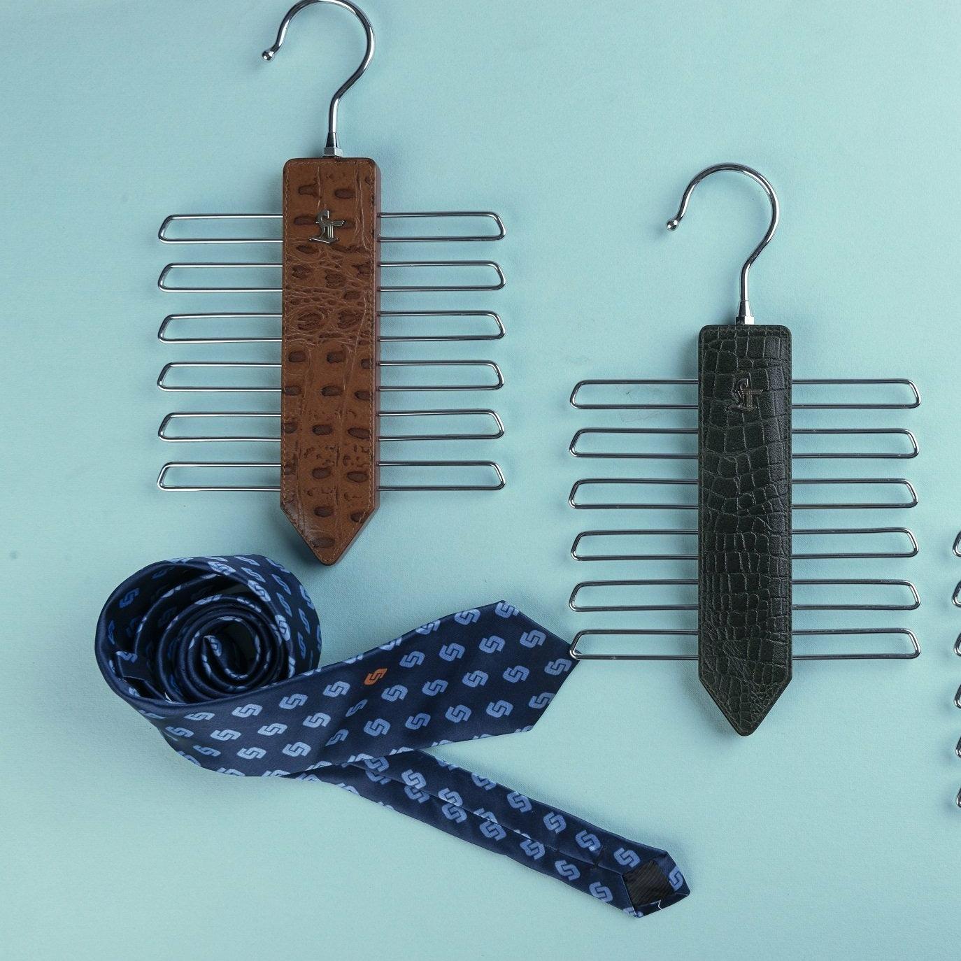 Leather Wooden Tie Hanger | 100% Genuine Leather | Color: Tan & Cherry