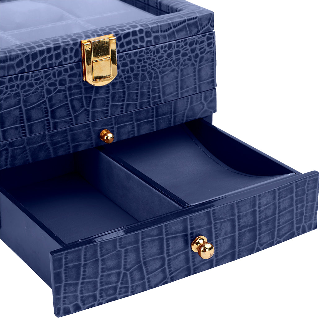 Luxury leather valet box for men featuring top watch section, middle pen slot, and bottom tray for wallet and accessories.