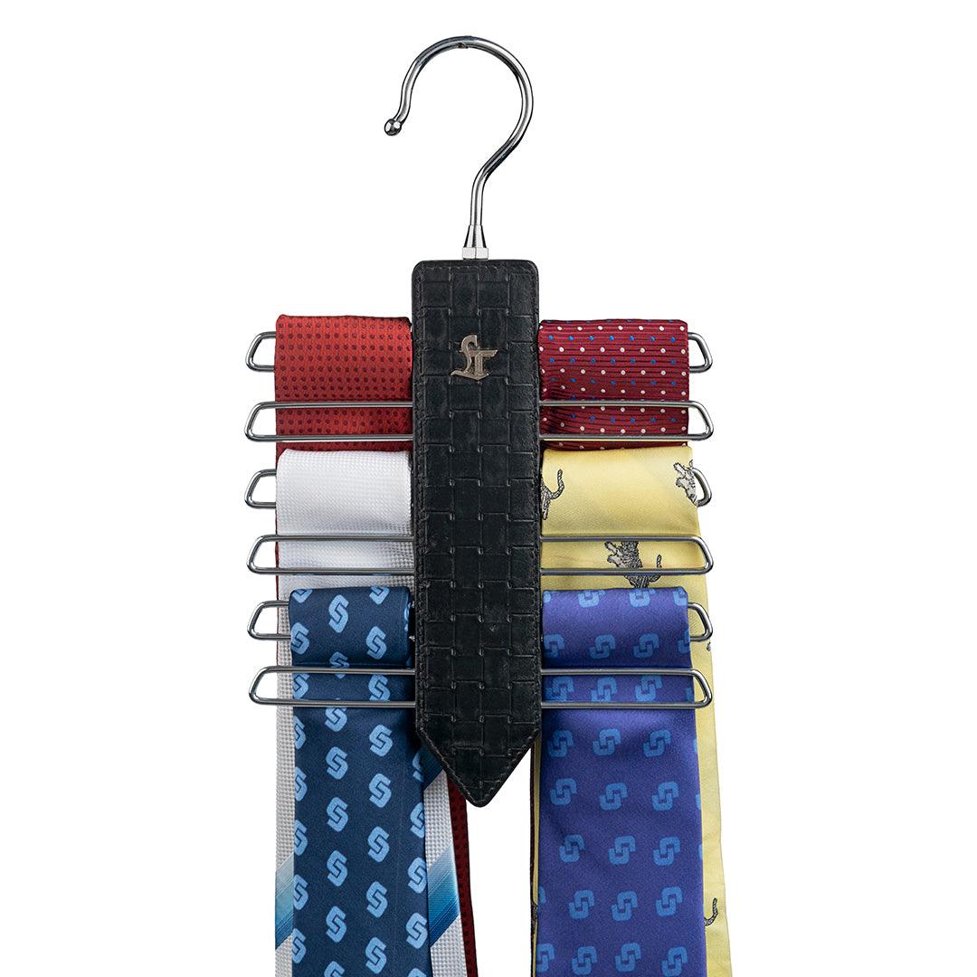 Leather Wooden Tie Hanger | 100% Genuine Leather | Color: Chatai Black