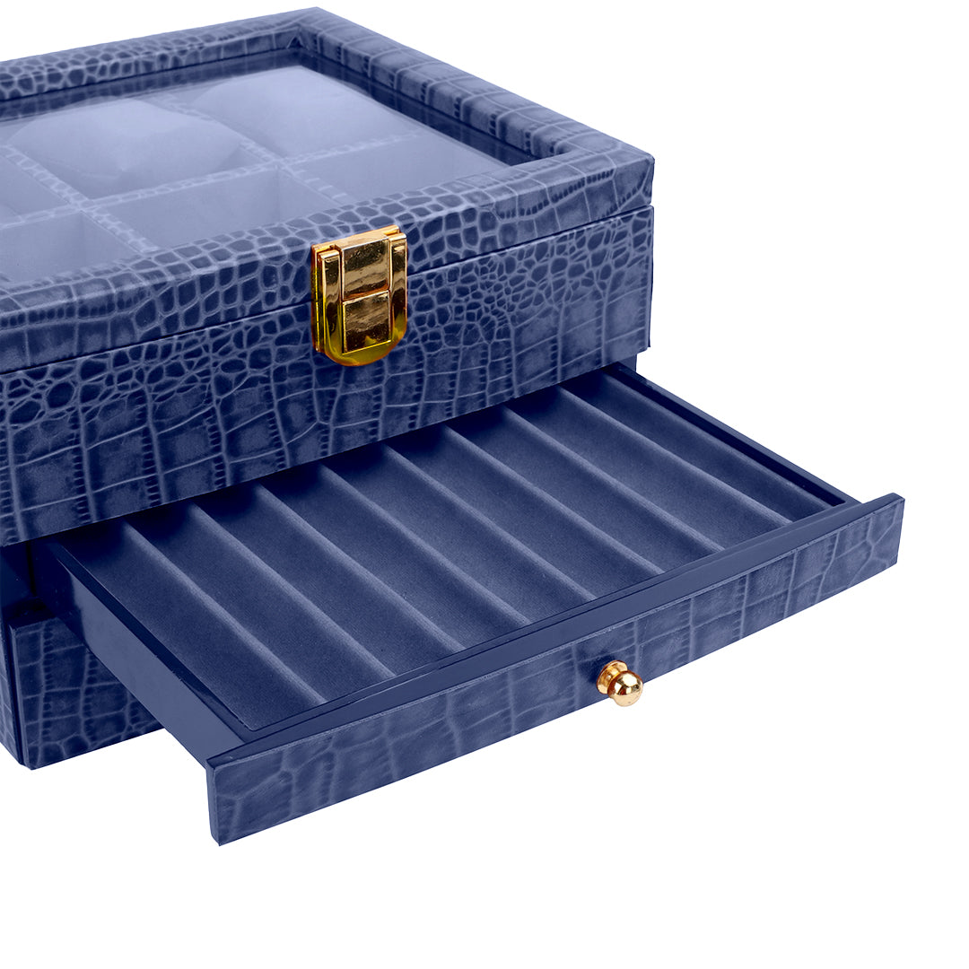 Men’s wristwatch case with velvet lining, 6 watch slots, 10-pen compartment, and valet tray for daily essentials.