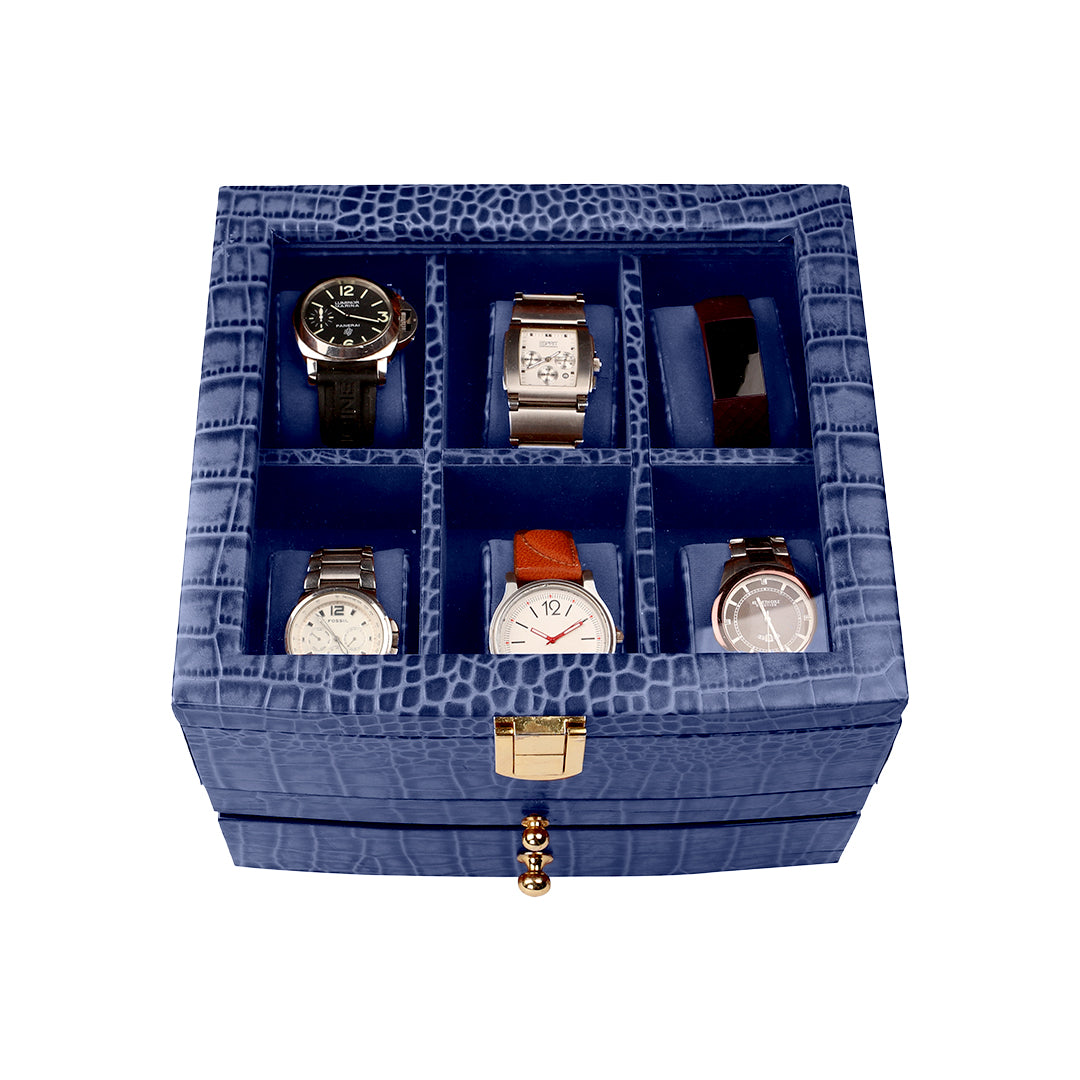 Multi-functional men's leather valet box with watch display, pen organizer, and wallet tray.