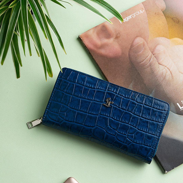 Palm II | Croco Leather Wallet for Women | 100% Genuine Leather | Color: Blue