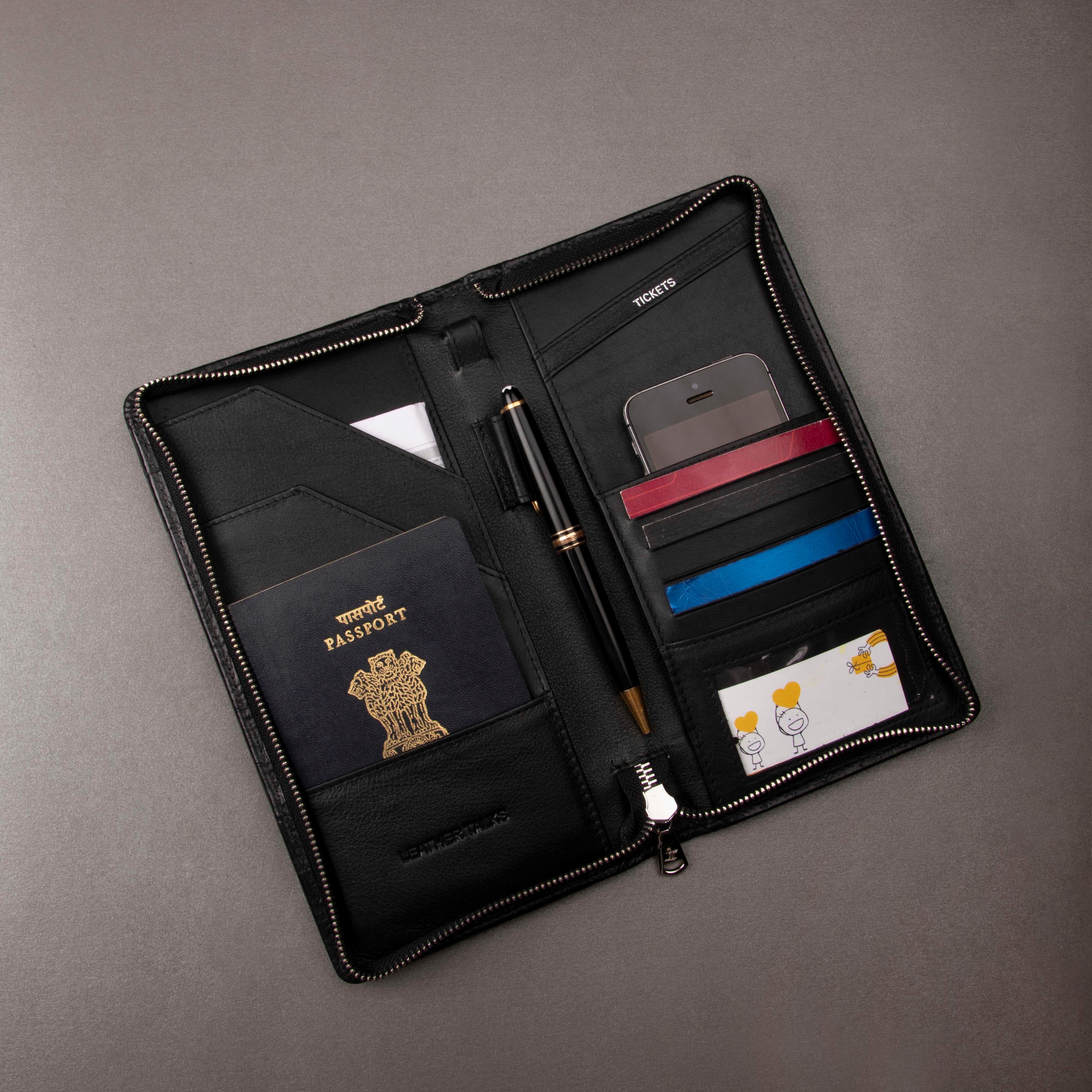 Full Zip Leather Passport Holder | 100% Genuine Leather | Color: Black
