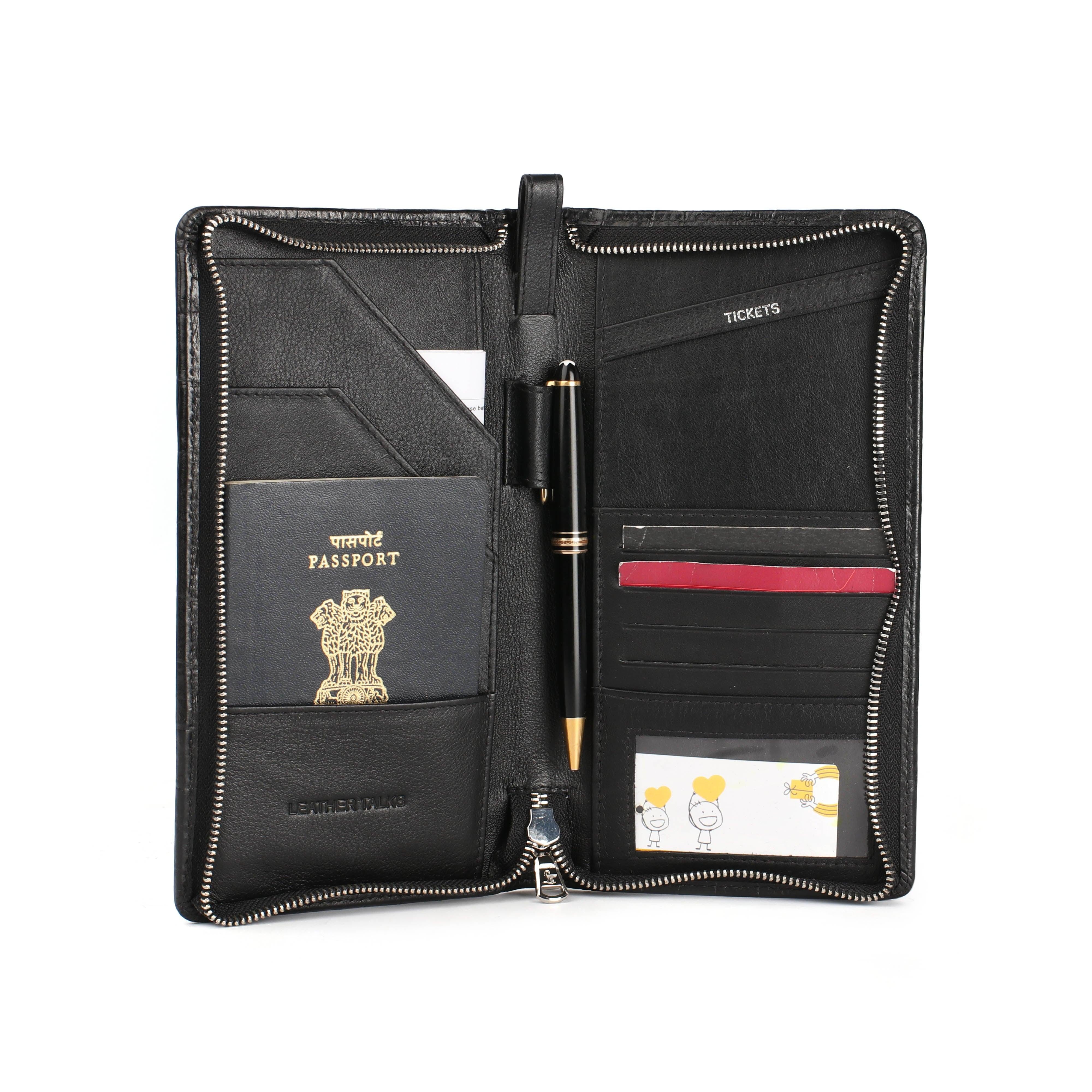 Full Zip Leather Passport Holder | 100% Genuine Leather | Color: Black
