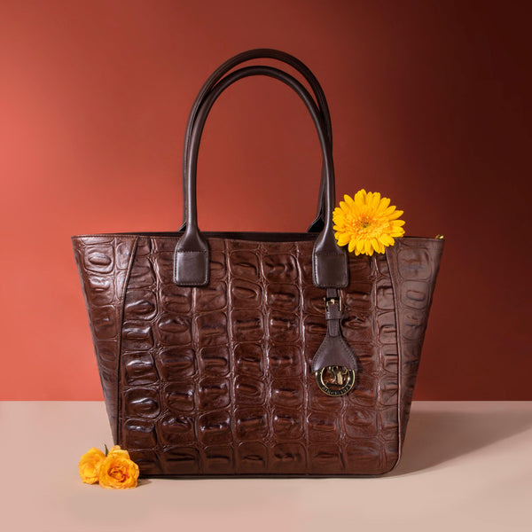 Leather Tote Bag For Women in Brown color with croco tail pattern
