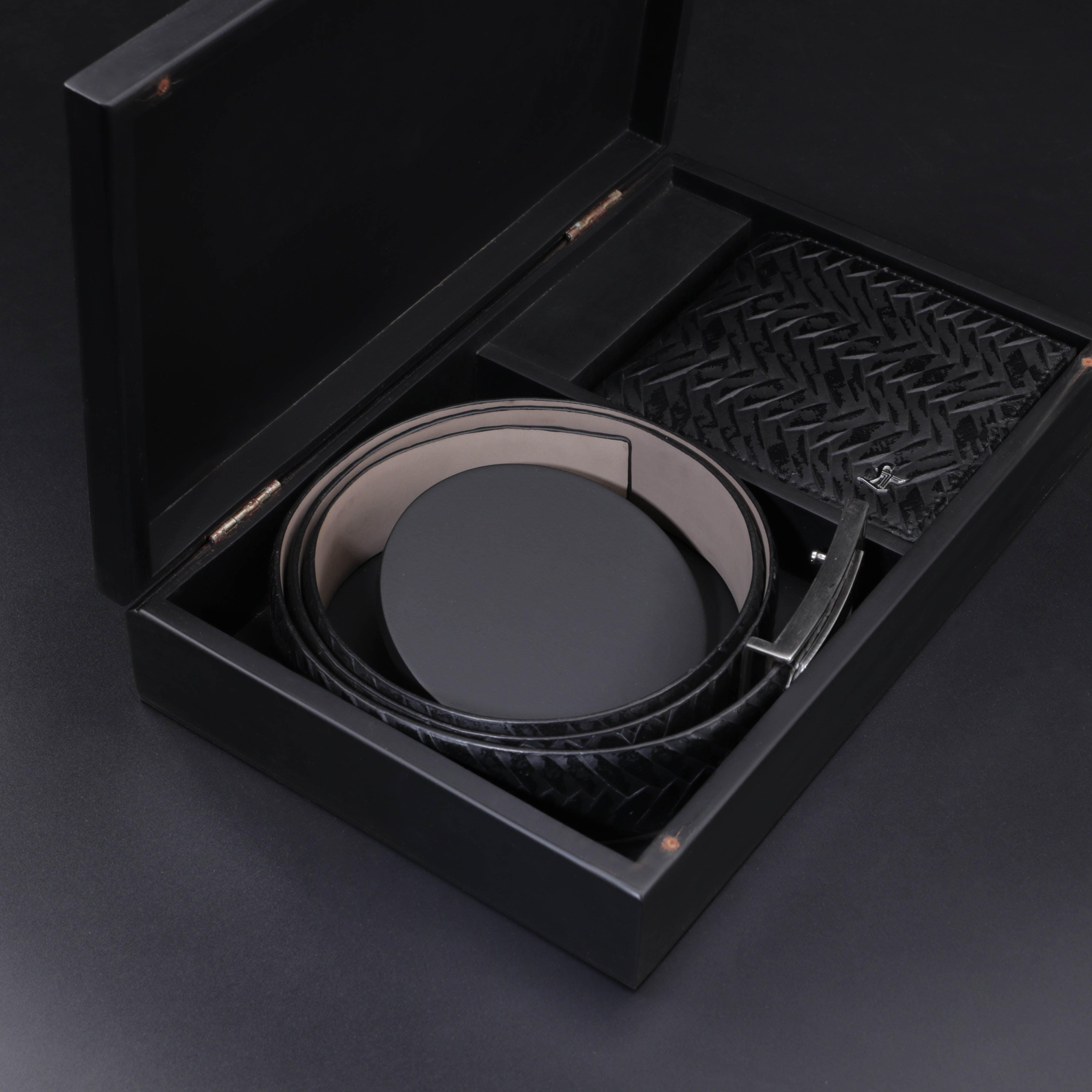 Premium Two Tone Italian Weave Black Wallet Belt Set with Wooden Gift Box - Leather Talks