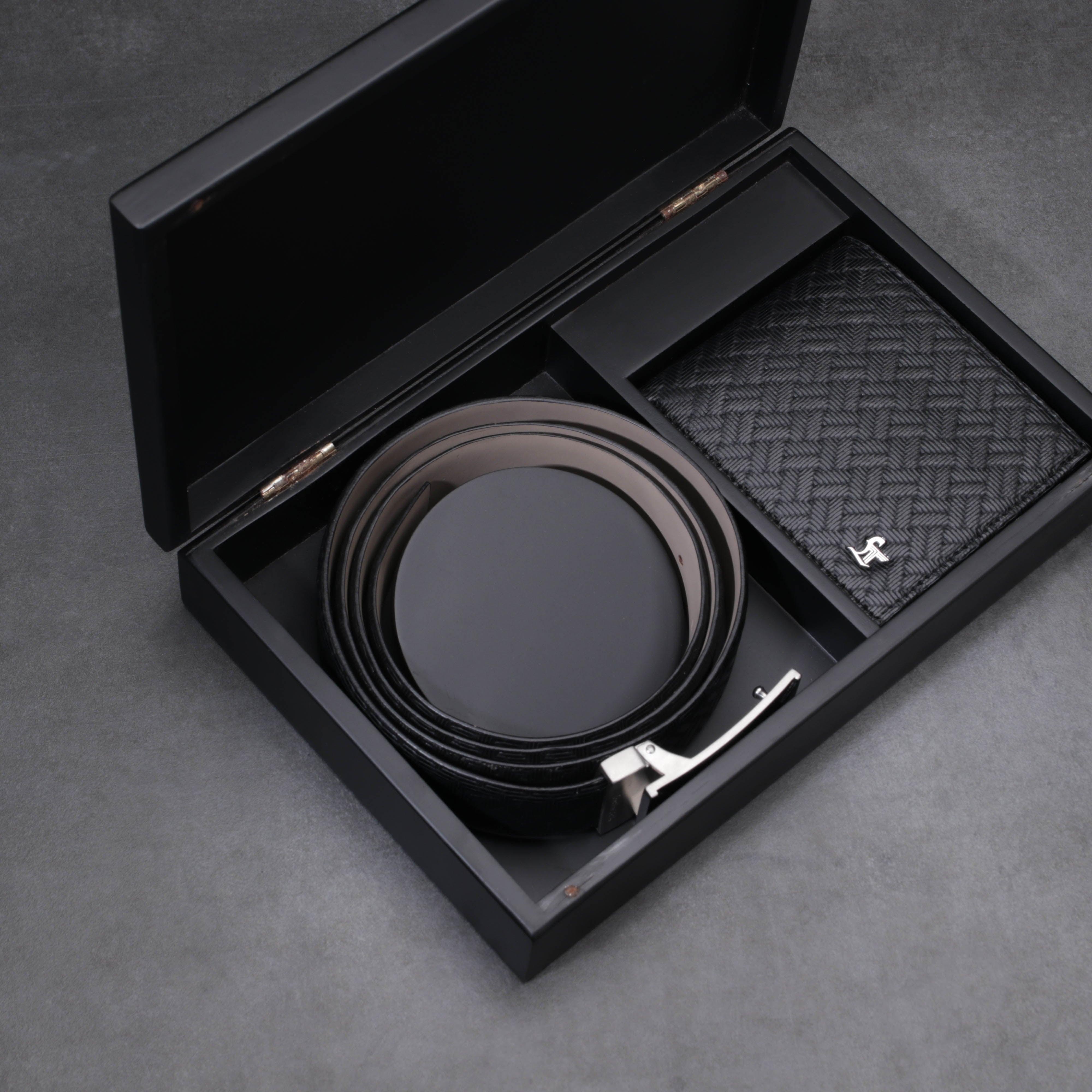 Premium Italian Cross Weave Black Wallet Belt Set with Wooden Gift Box - Leather Talks