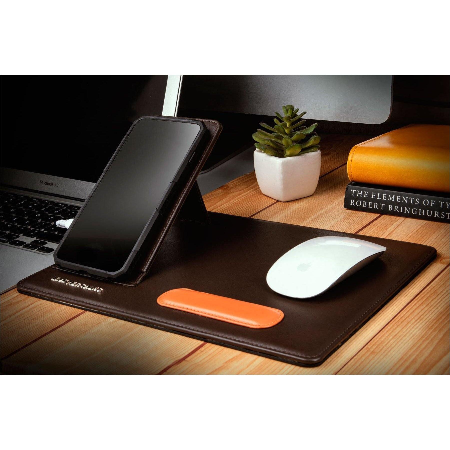 Genuine leather mouse pad with phone stand and wireless charging feature