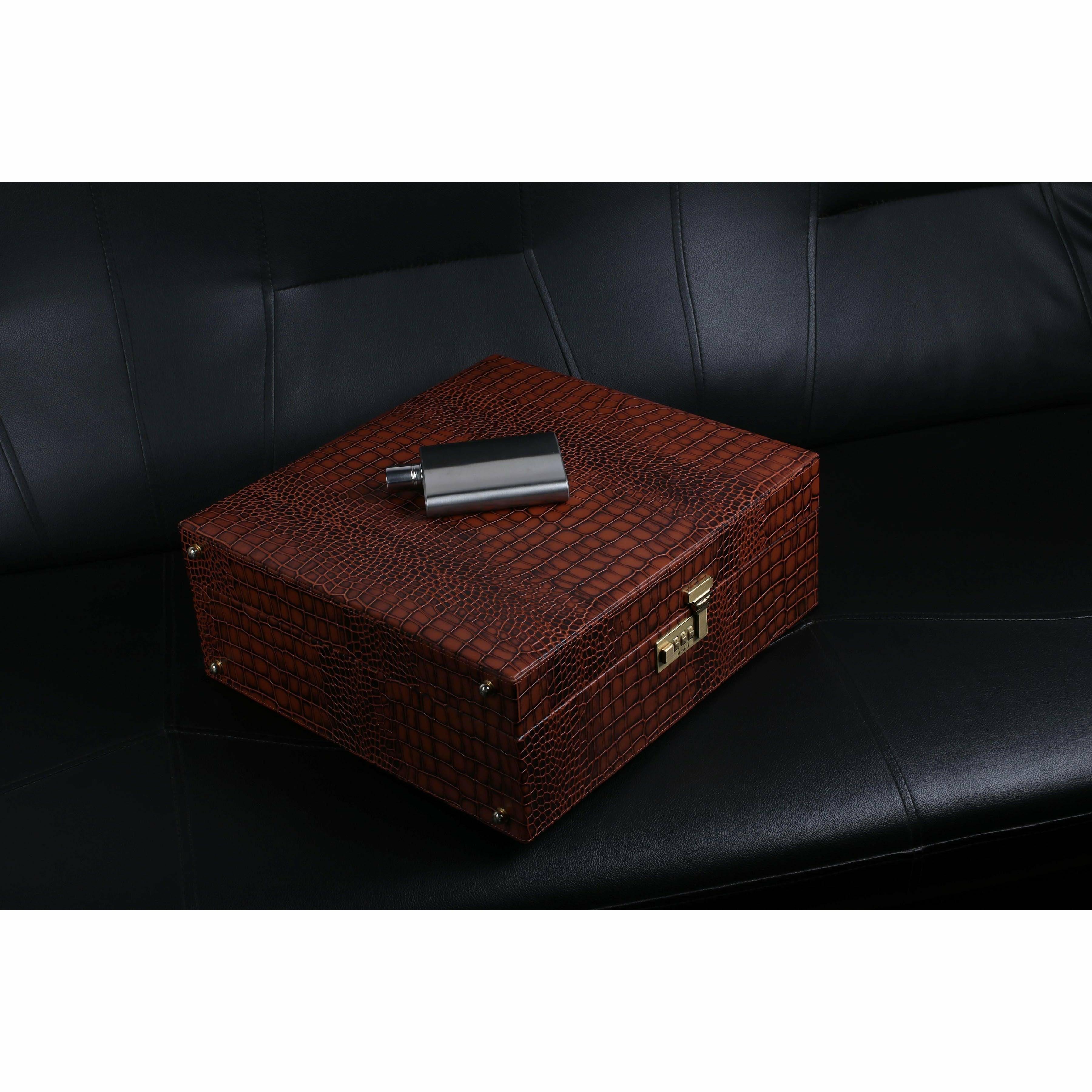 Premium brown leather portable cocktail bar briefcase with shaker, glasses, and bar tools – ideal for travel and luxury gifting