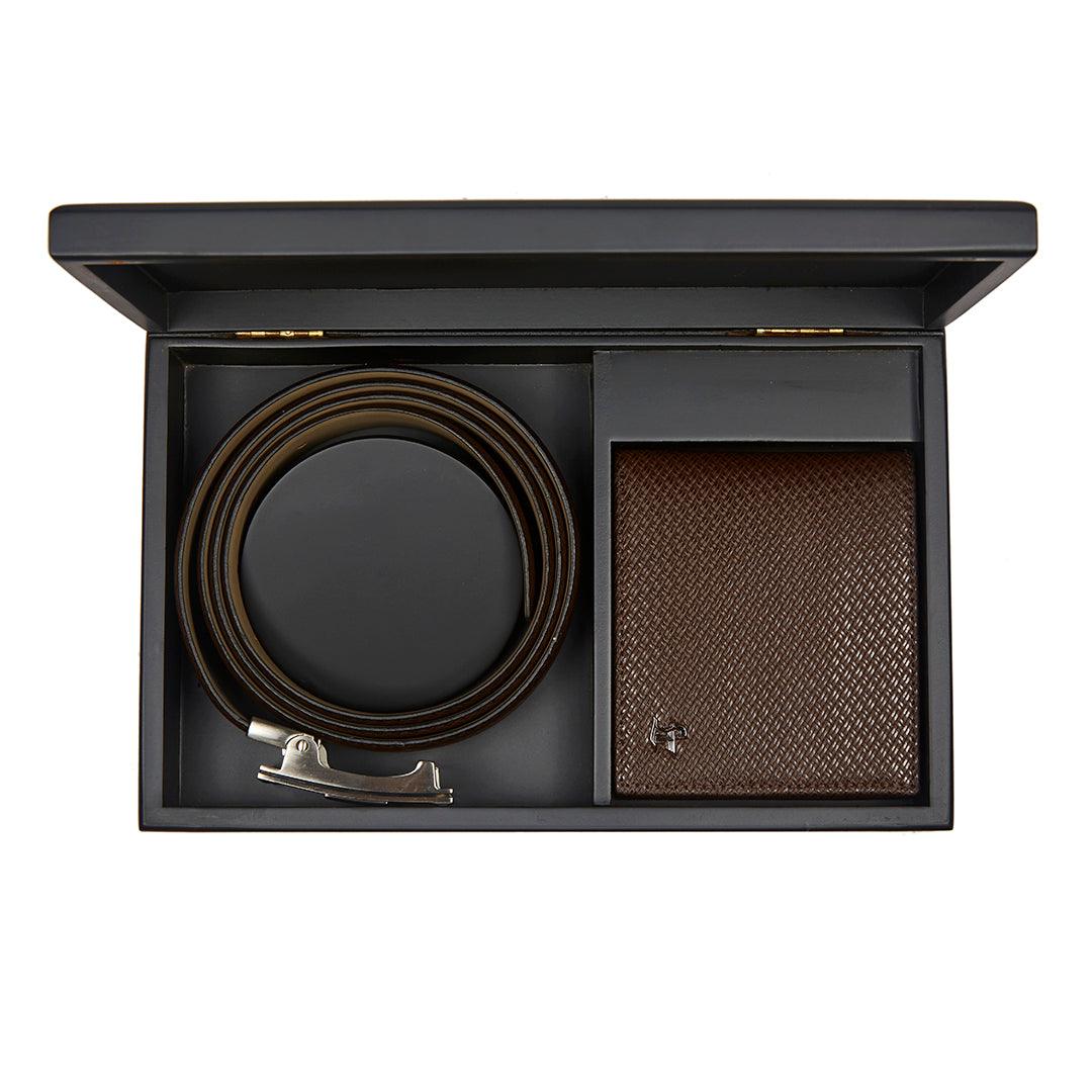 Premium Italian Small Weave Print Brown Wallet Belt Set with Wooden Gift Box - Leather Talks