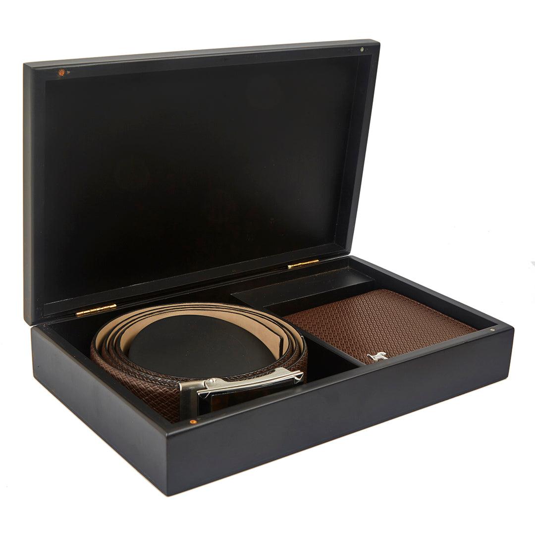 Premium Italian Small Weave Print Brown Wallet Belt Set with Wooden Gift Box - Leather Talks