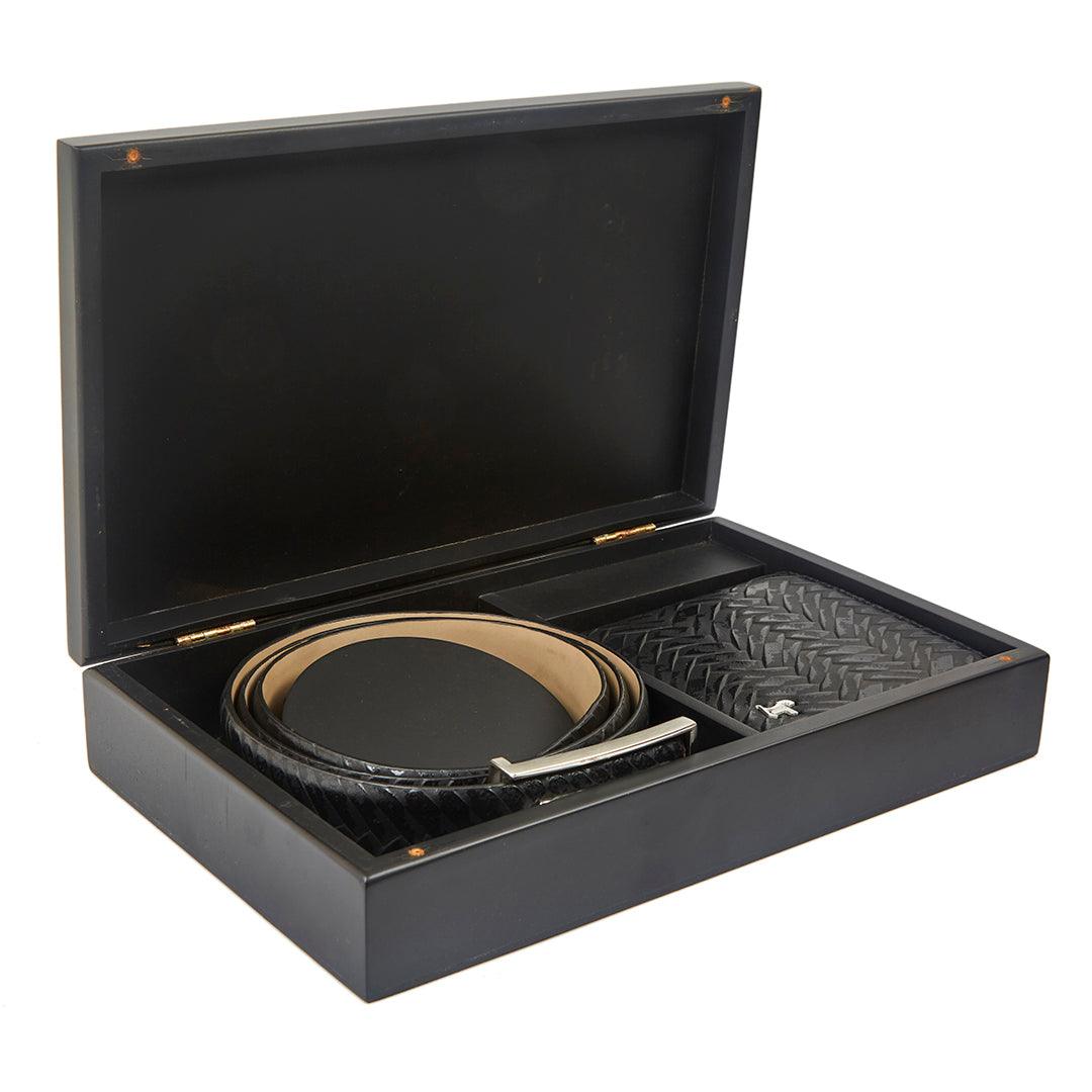 Premium Two Tone Italian Weave Black Wallet Belt Set with Wooden Gift Box - Leather Talks