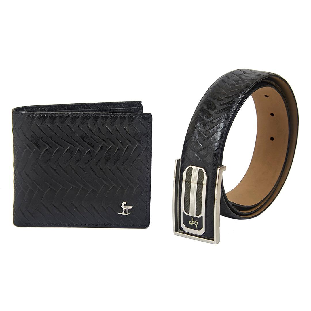 Premium Two Tone Italian Weave Black Wallet Belt Set with Wooden Gift Box - Leather Talks