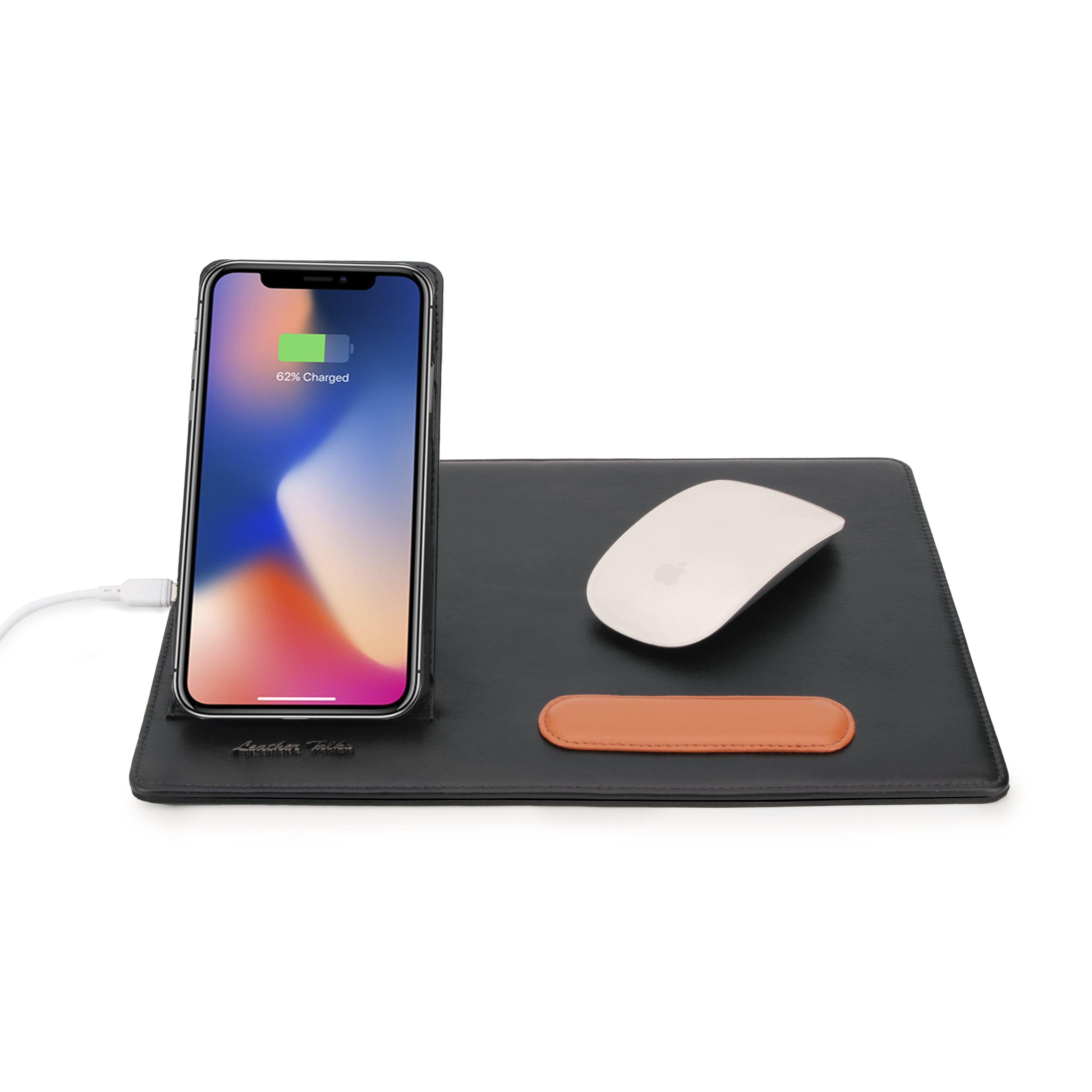 Genuine leather mouse pad with phone stand and wireless charging feature