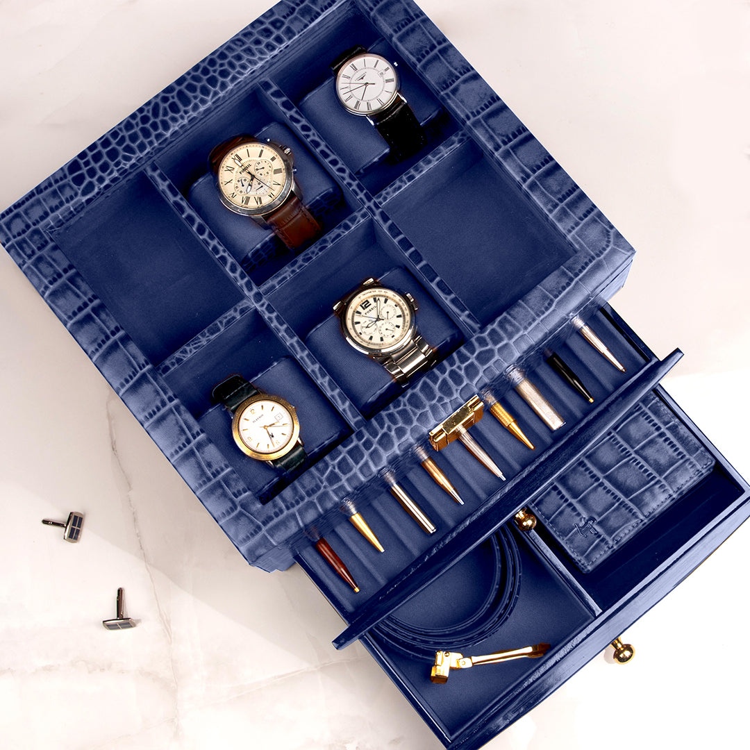 Men's genuine leather watch organizer with 3-section layout: 6-slot watch storage, pen holder, and valet tray for wallet and accessories.