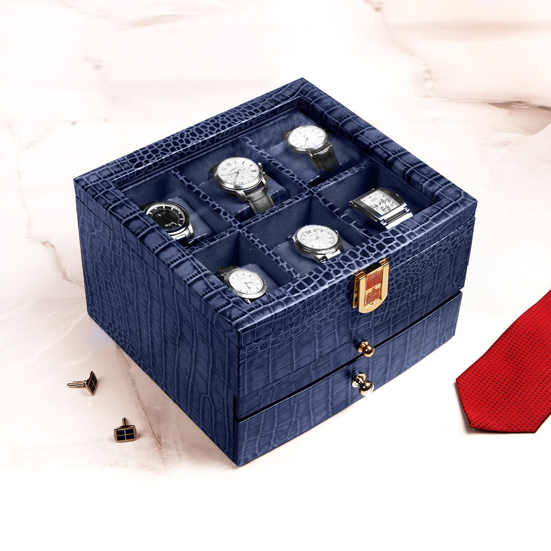Watch and accessory box for men featuring a three-layer design: 6-watch slots, pen section, and bottom accessory tray.