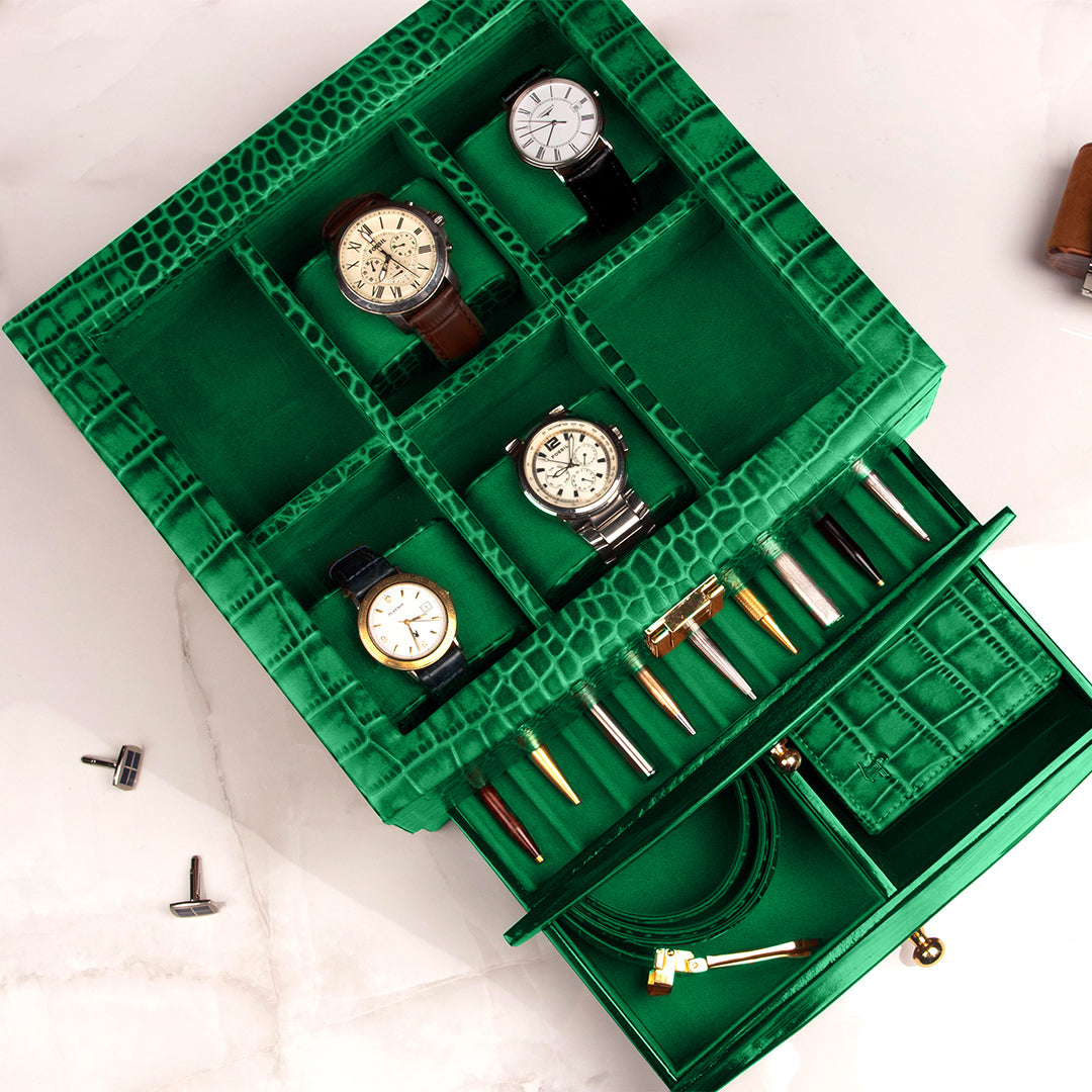 Watch and accessory box for men featuring a three-layer design: 6-watch slots, pen section, and bottom accessory tray.