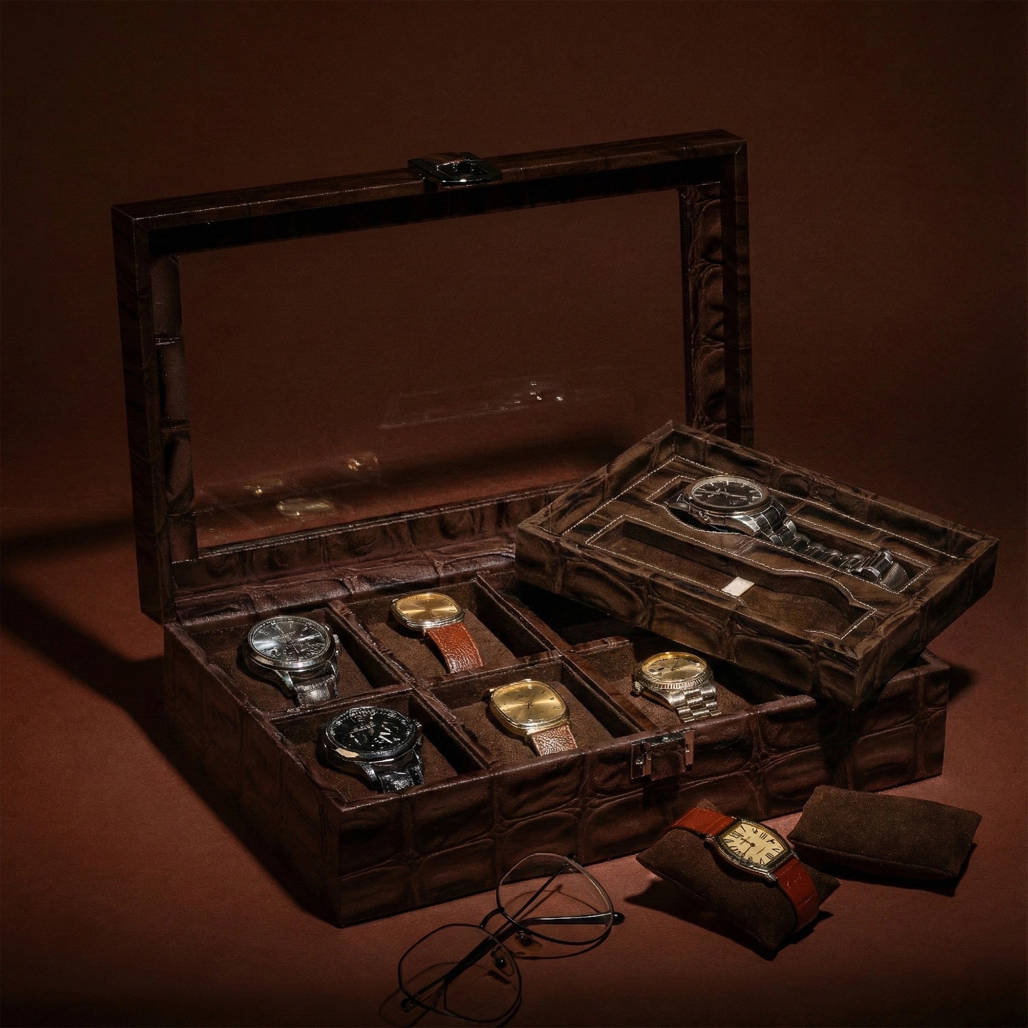 Galio Leather Watch Box / Case |  Genuine Leather Watch Box for Men | Can Hold 8 Watches | Acrylic Glass Top | Color: Crocotail Brown Leather Talks