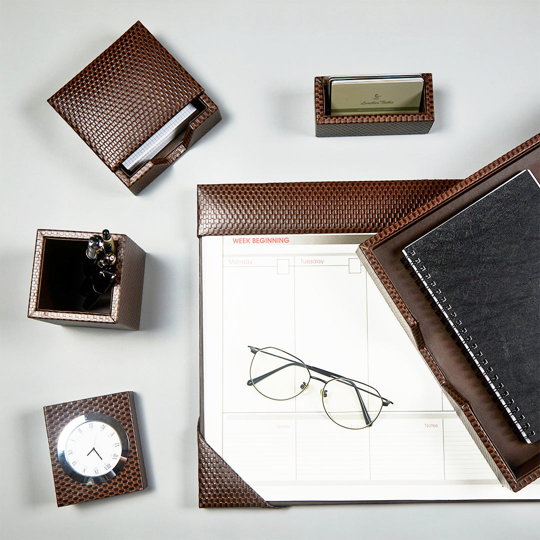 Corporate New Year Gift | Desktop Planner Set II | Office Table Accessories | Embossed Genuine Leather | Color- Brick Brown Leather Talks