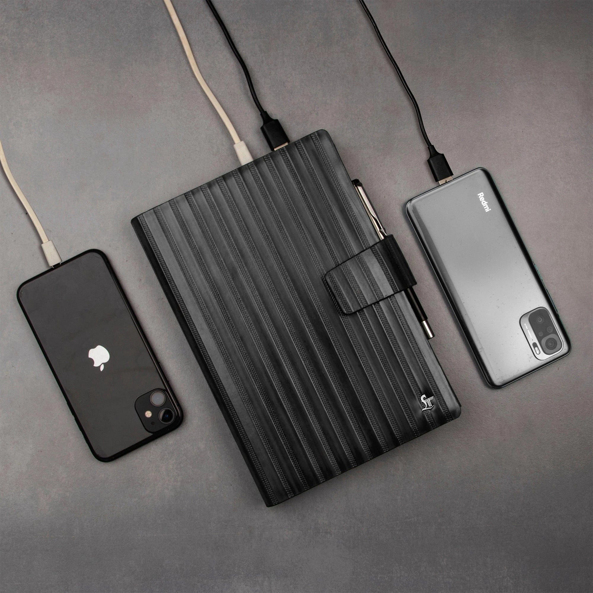 LT Smart Leather Notebook with Power Bank (5000 mAh) | Diary with Power Bank | Color: Italian VT Stripe Grey LeatherTalks