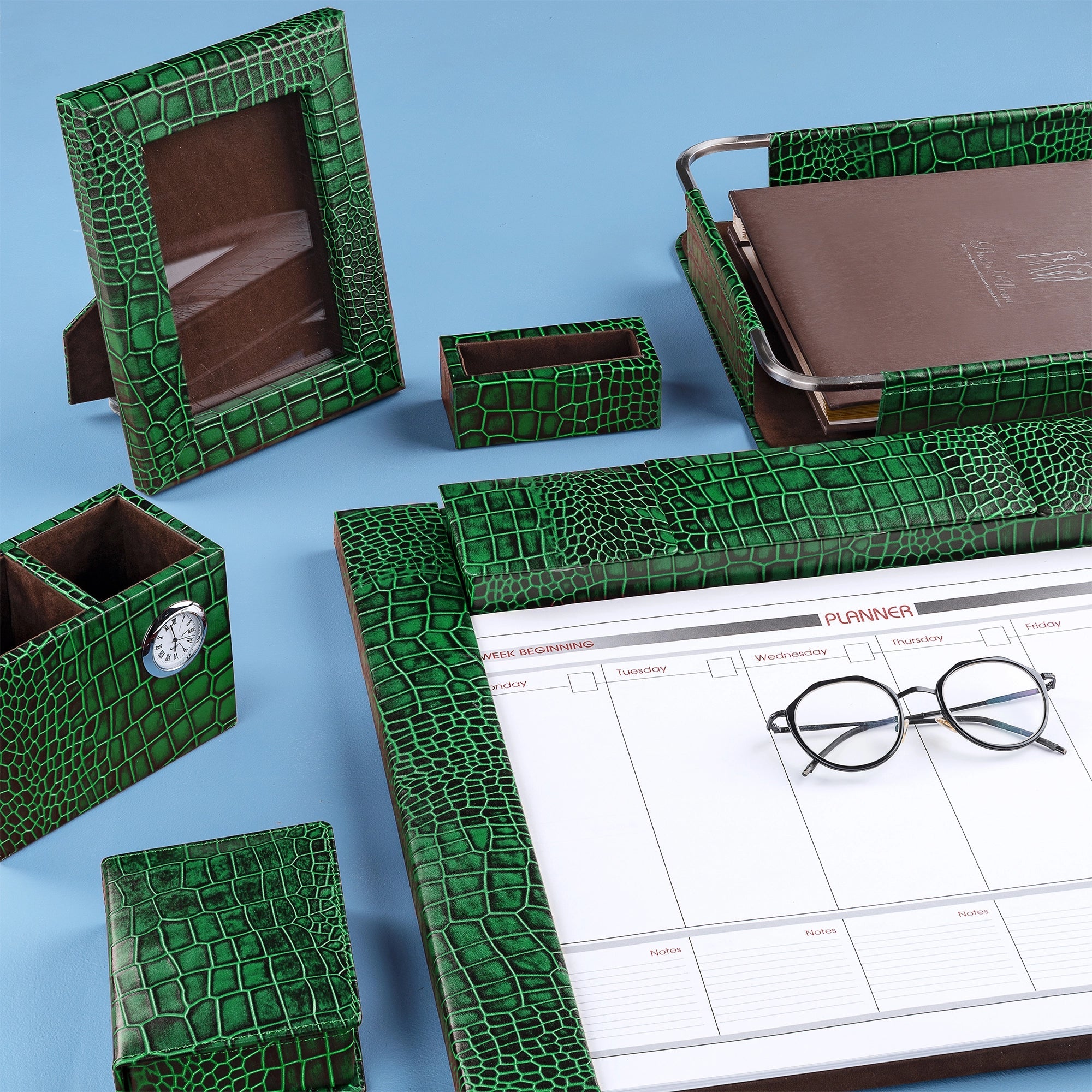 Desktop Planner Set I | Office Table Accessories| Croco Embossed Genuine Leather | Color- Green Leather Talks